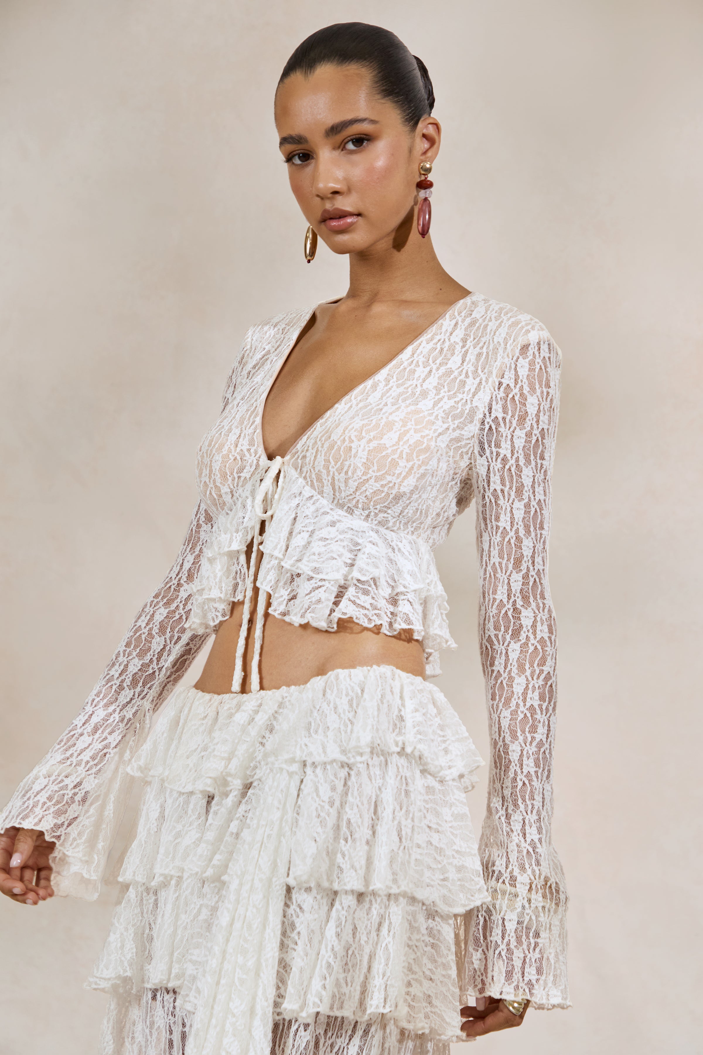 Astella | White Lace Plunge-Neck Top With Ruffled Trim
