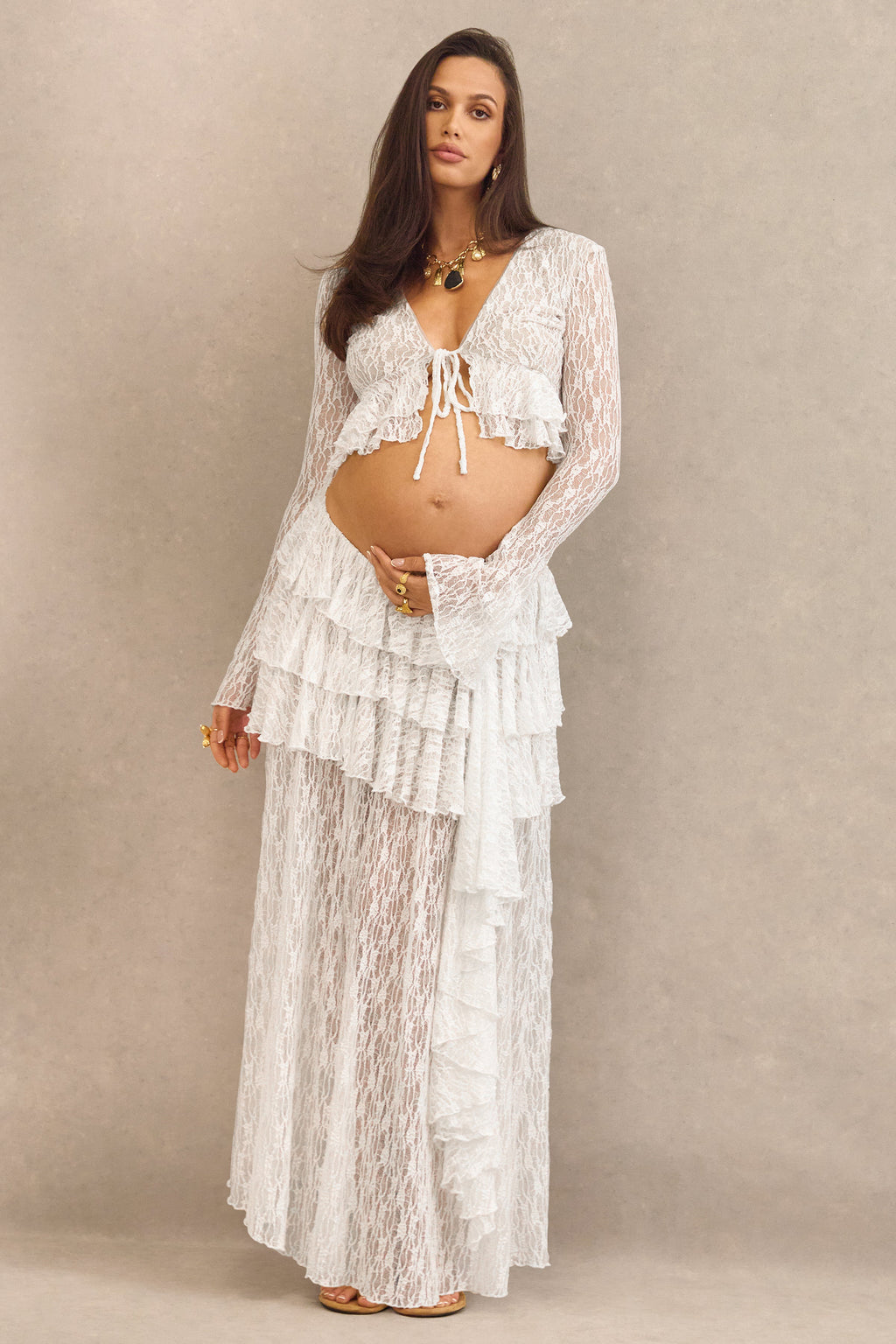 Astella | White Lace Plunge-Neck Top With Ruffled Trim