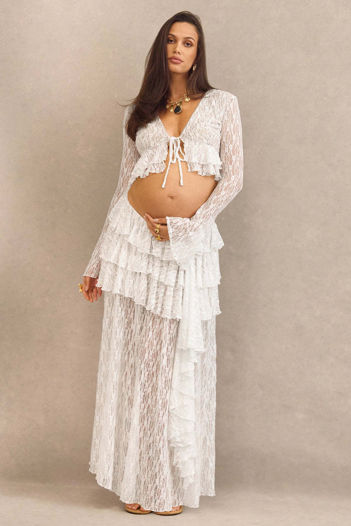 Astella | White Lace Plunge-Neck Top With Ruffled Trim