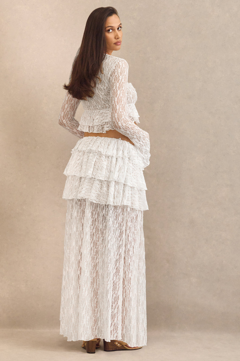 Astella | White Lace Plunge-Neck Top With Ruffled Trim