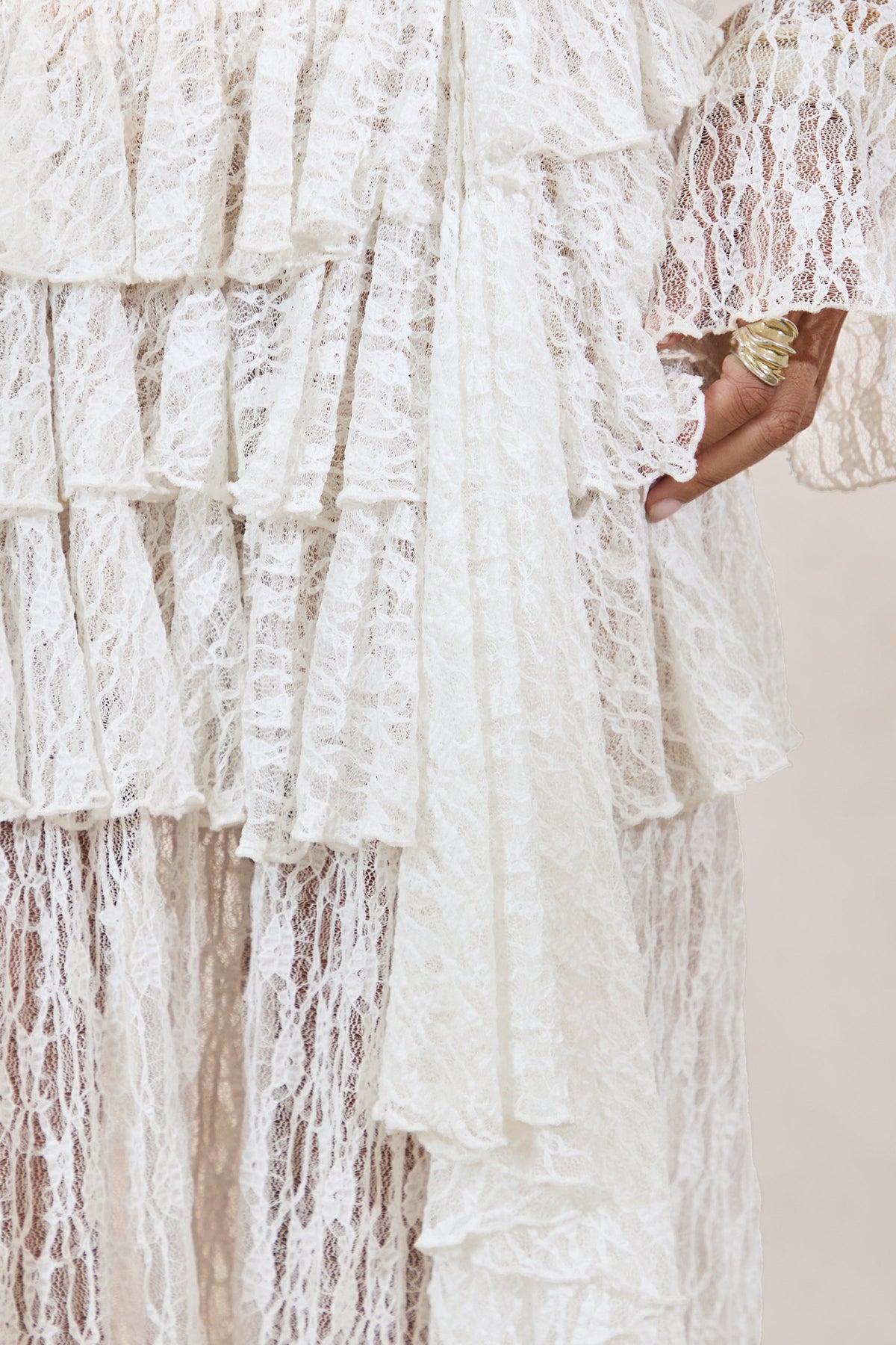 Astella | White Lace Asymmetric-Waist Maxi Skirt With Ruffled Detailing