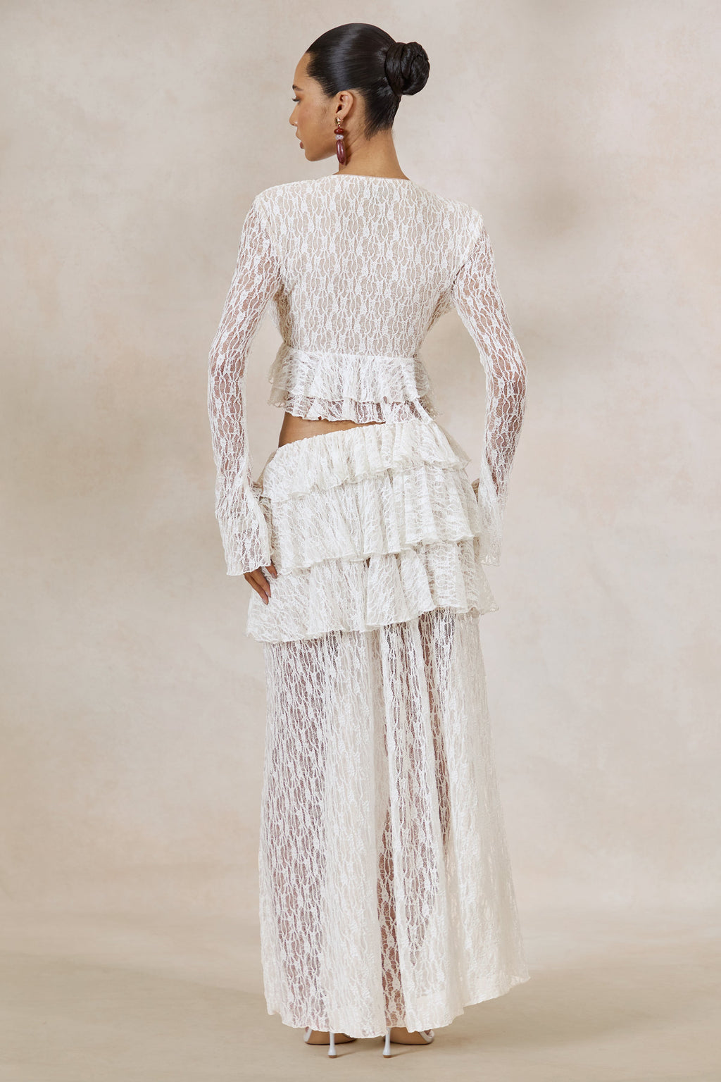 Astella | White Lace Asymmetric-Waist Maxi Skirt With Ruffled Detailing