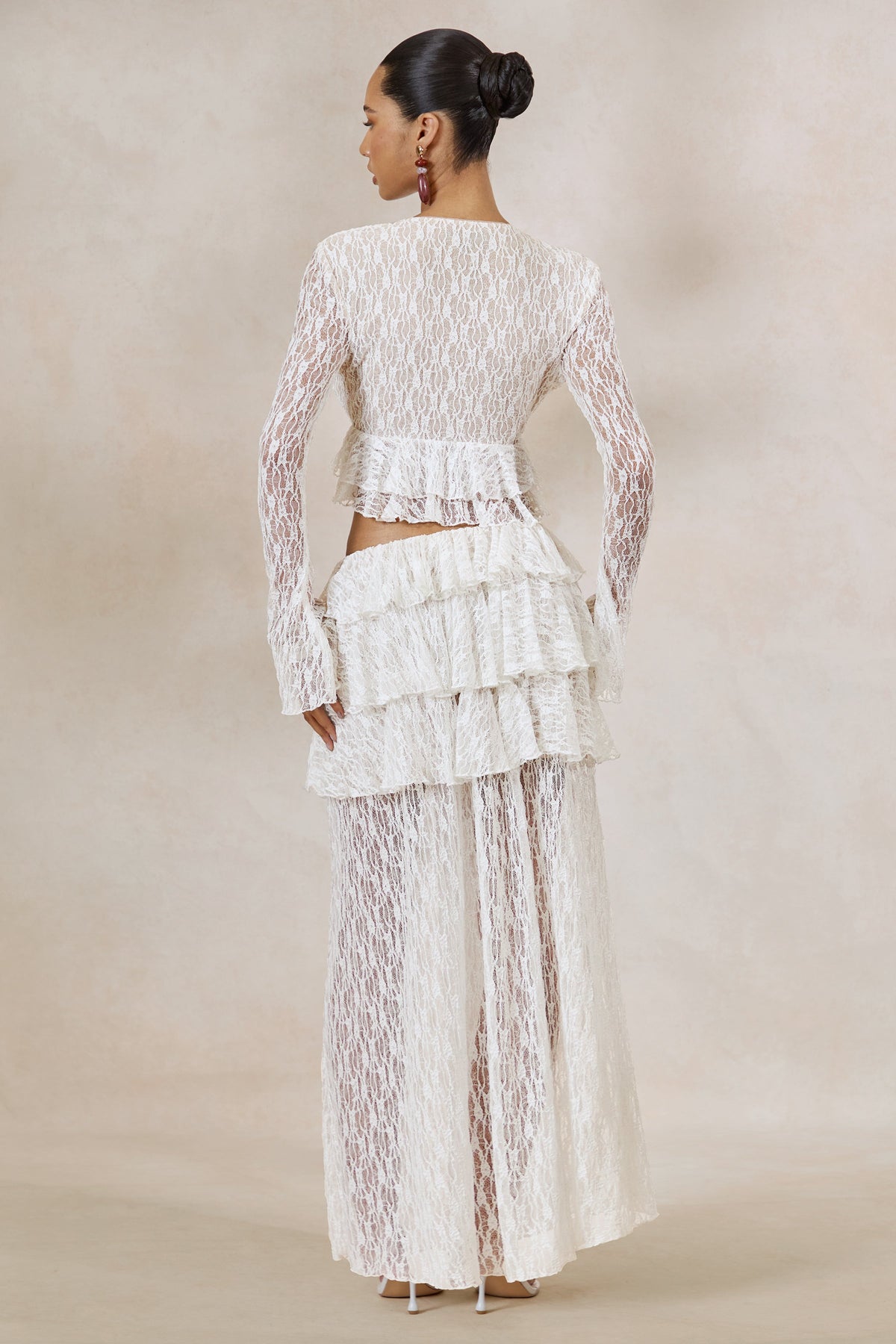 Astella | White Lace Asymmetric-Waist Maxi Skirt With Ruffled Detailing