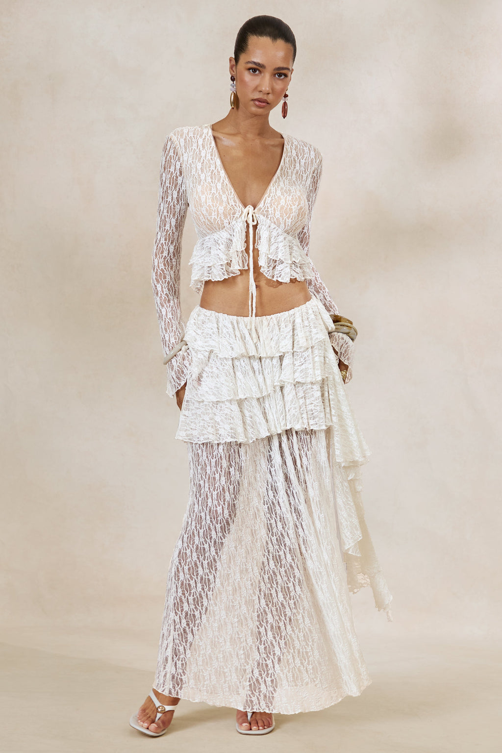 Astella | White Lace Asymmetric-Waist Maxi Skirt With Ruffled Detailing