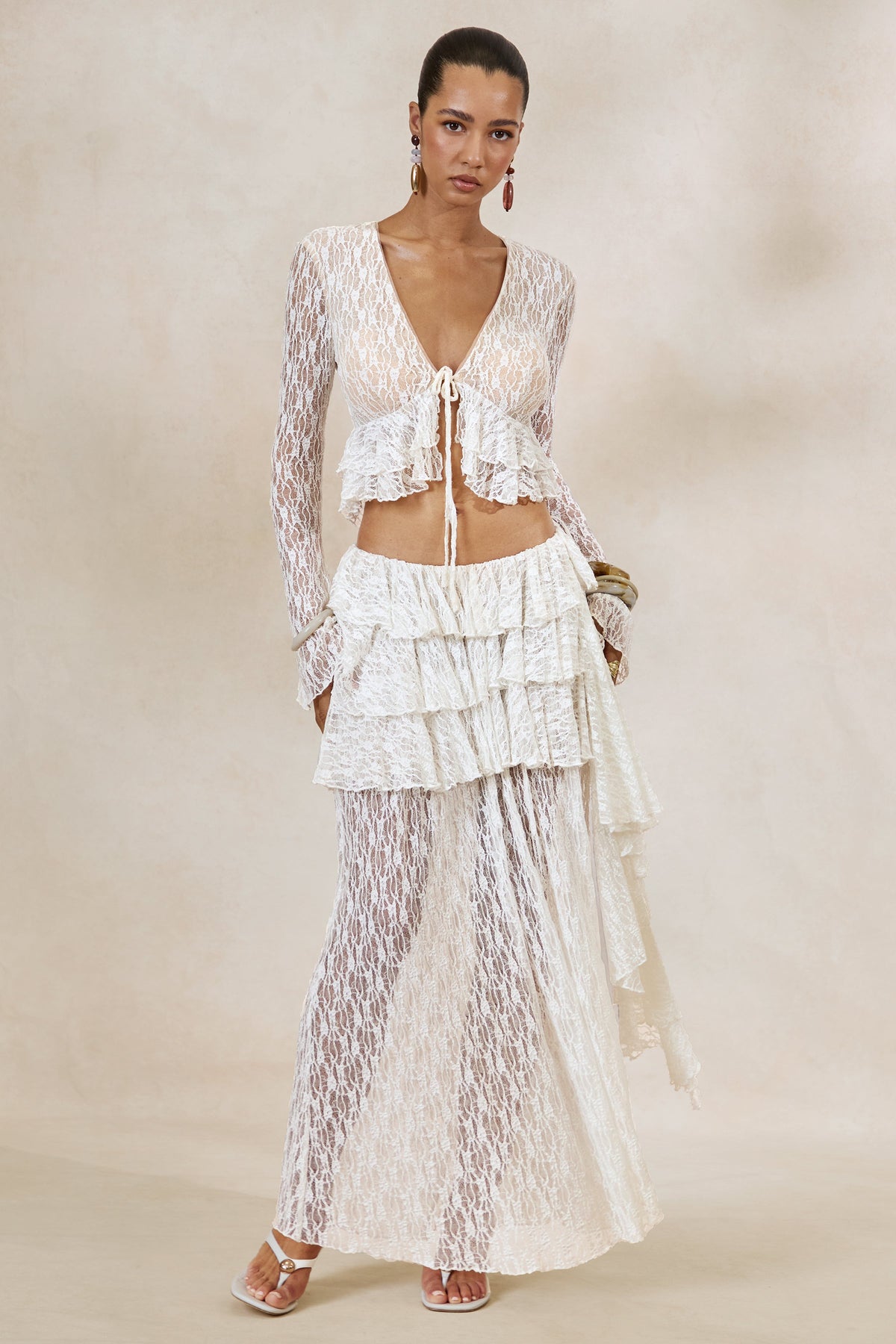 Astella | White Lace Asymmetric-Waist Maxi Skirt With Ruffled Detailing