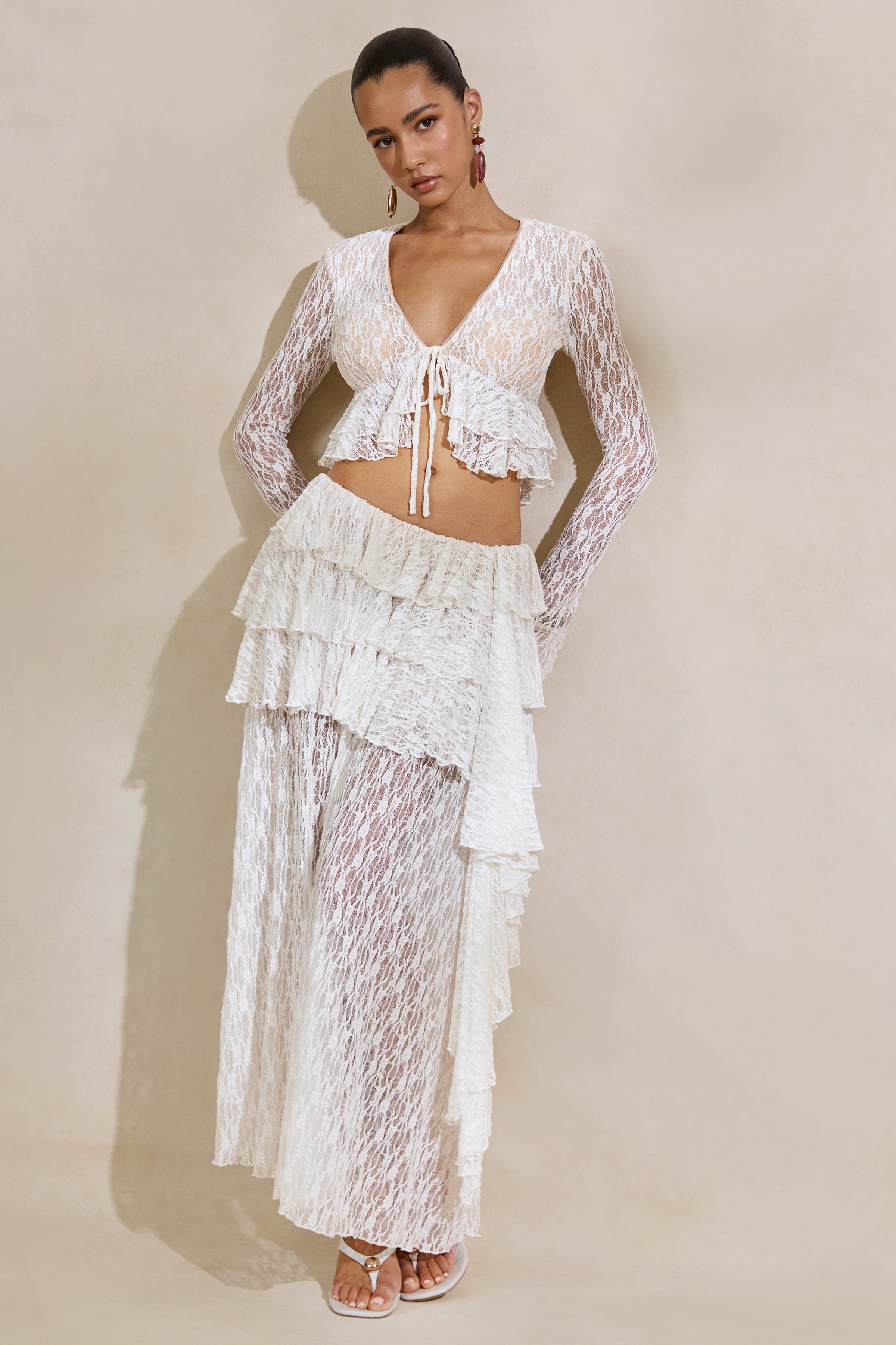 Astella | White Lace Asymmetric-Waist Maxi Skirt With Ruffled Detailing