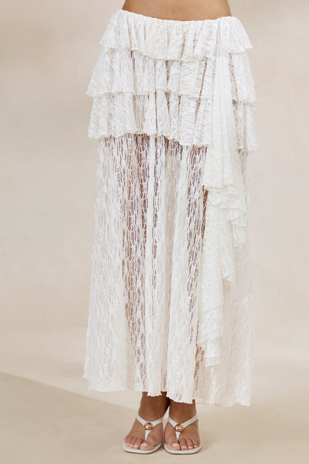 Astella | White Lace Asymmetric-Waist Maxi Skirt With Ruffled Detailing