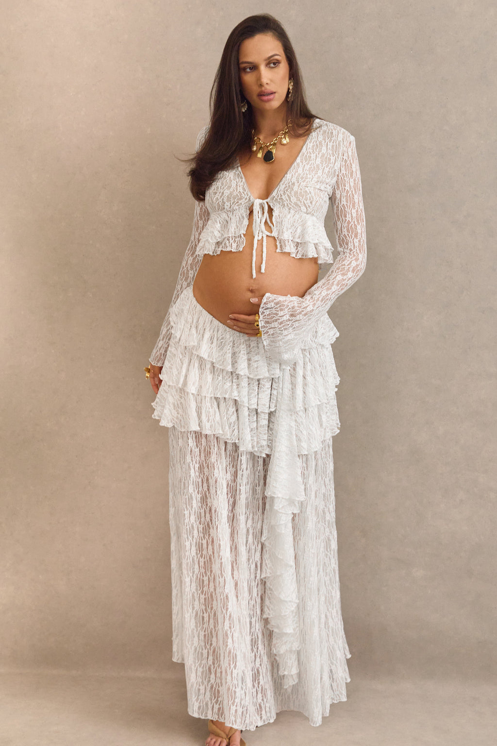 Astella | White Lace Asymmetric-Waist Maxi Skirt With Ruffled Detailing