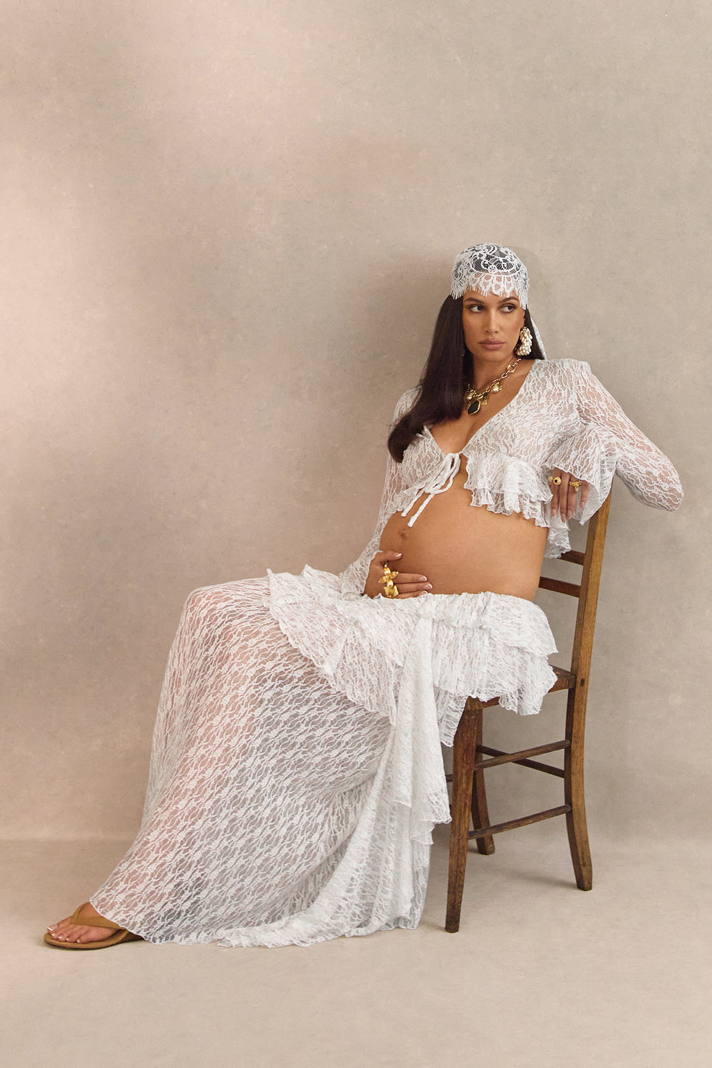 Astella | White Lace Asymmetric-Waist Maxi Skirt With Ruffled Detailing