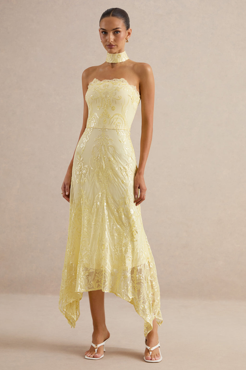 Galathea | Yellow Lace Bandeau-Neck Midi Dress With Collar Detail