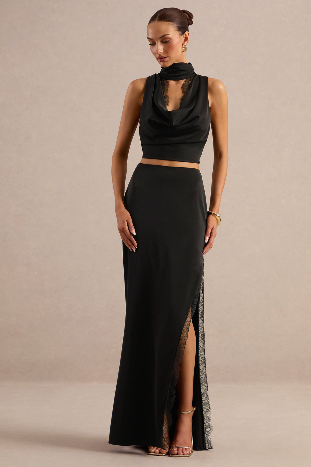 Perline | Black Satin Halter-Neck Top With Lace Detailing