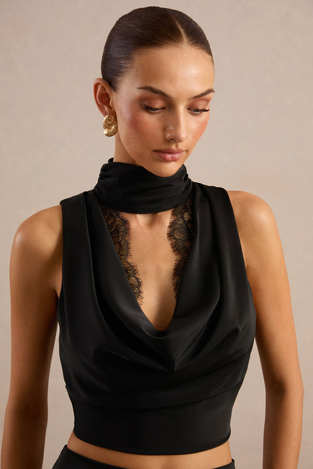 Perline | Black Satin Halter-Neck Top With Lace Detailing