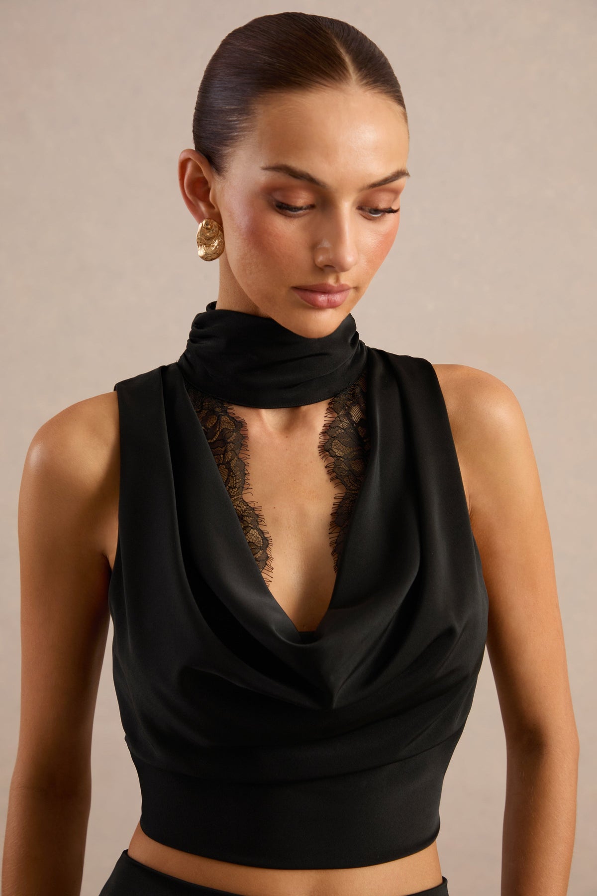 Perline | Black Satin Halter-Neck Top With Lace Detailing