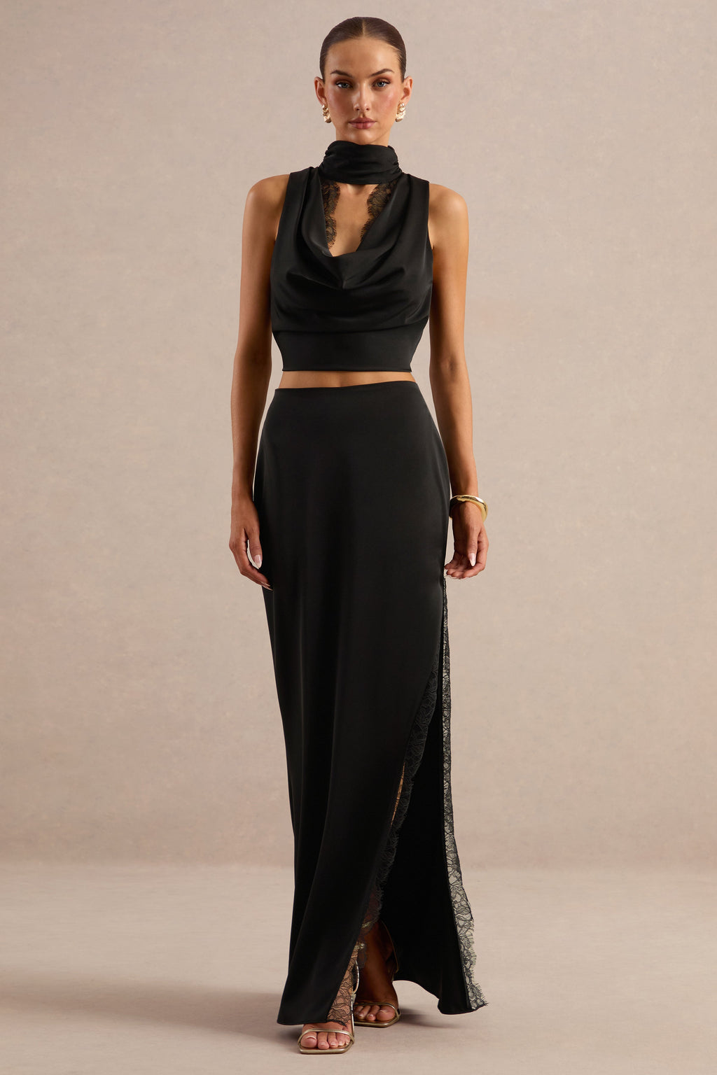 Perline | Black Satin Maxi Skirt With Lace Detailing And Split