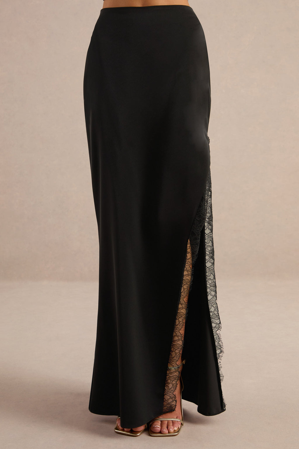 Perline | Black Satin Maxi Skirt With Lace Detailing And Split
