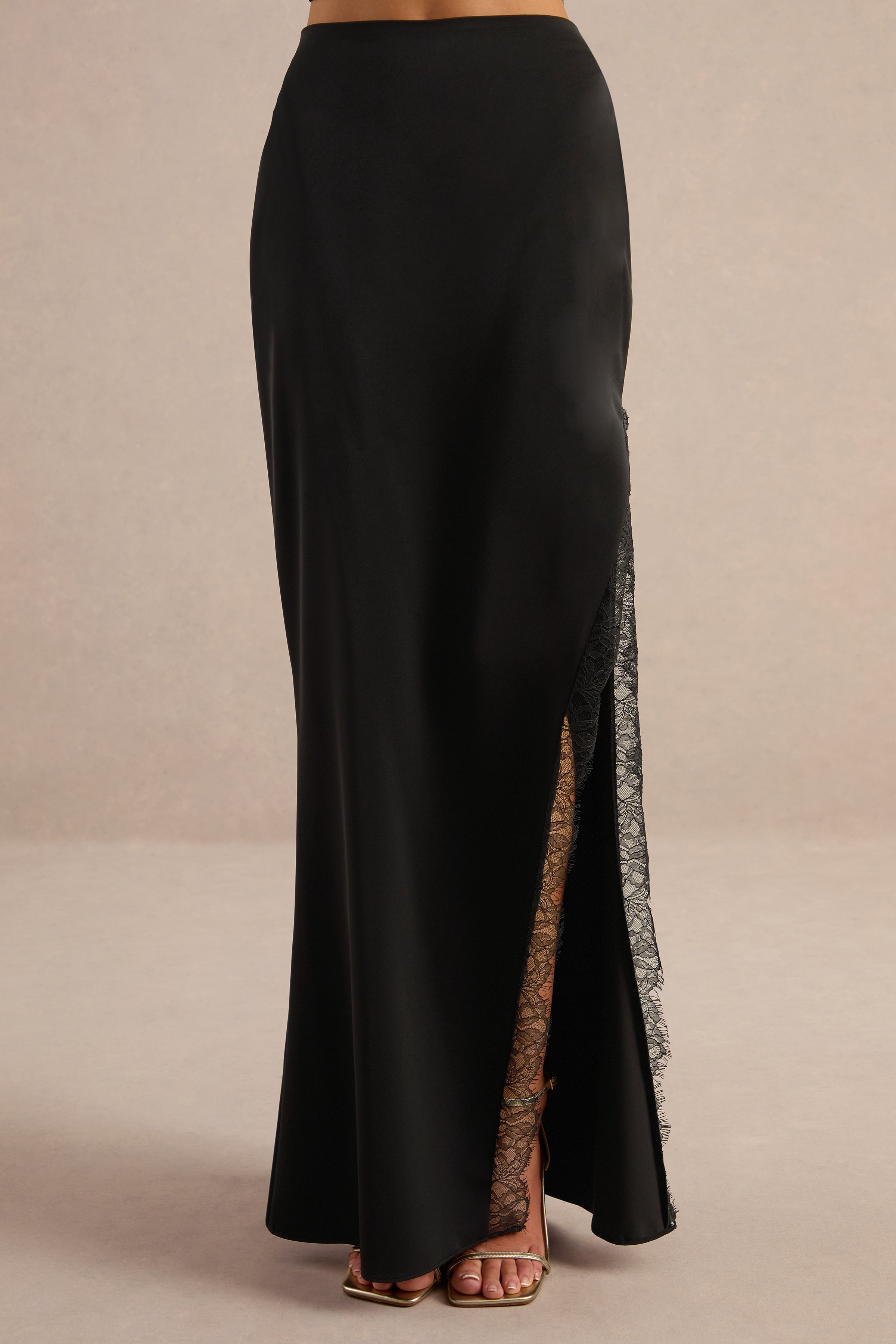 Perline | Black Satin Maxi Skirt With Lace Detailing And Split