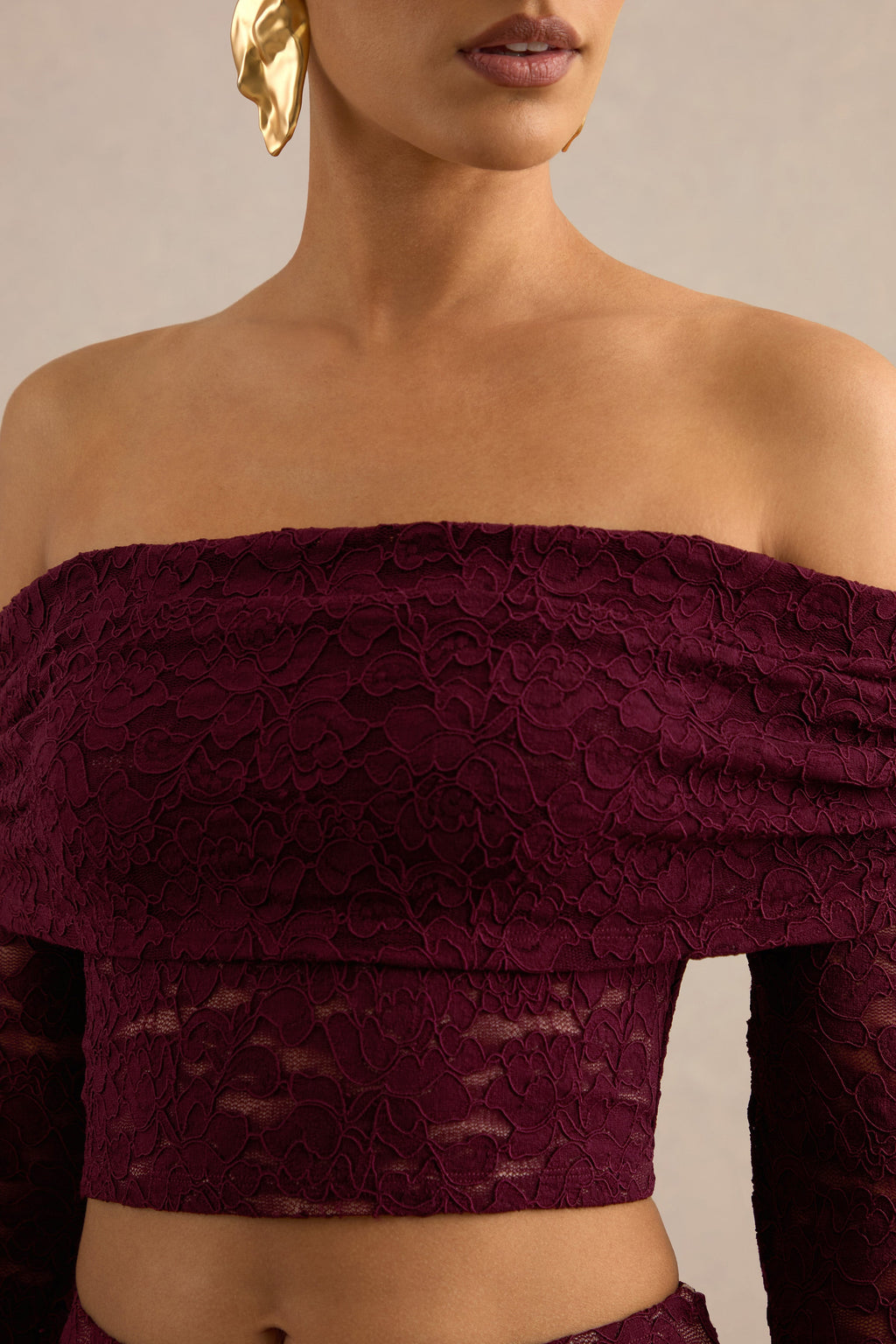 Ivana | Burgundy Lace Bardot-Neck Crop Top