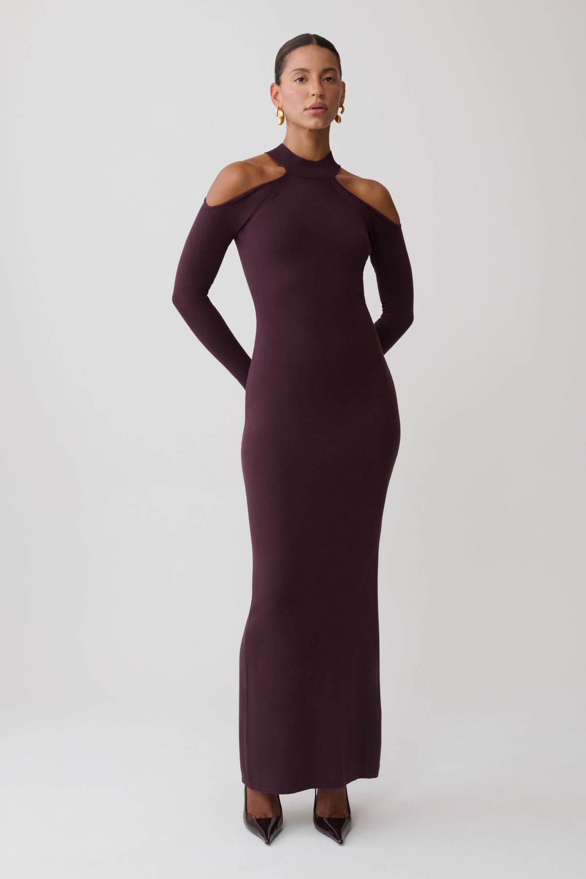 Emma Open Shoulder Maxi Knit Dress - Dark Chocolate