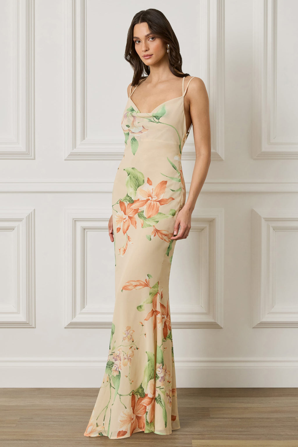 AMALIE Cowl Neck Maxi Dress in Oversized Floral Print