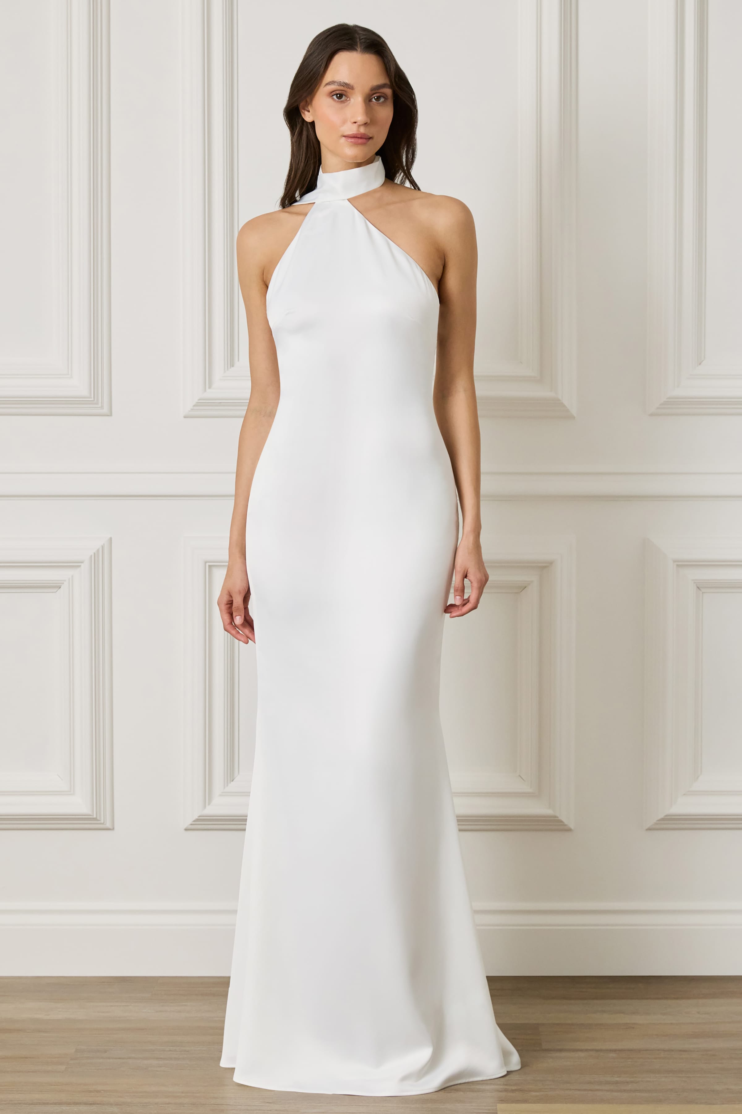 ALIANA Satin One Shoulder Maxi Dress With Scarf In Ivory