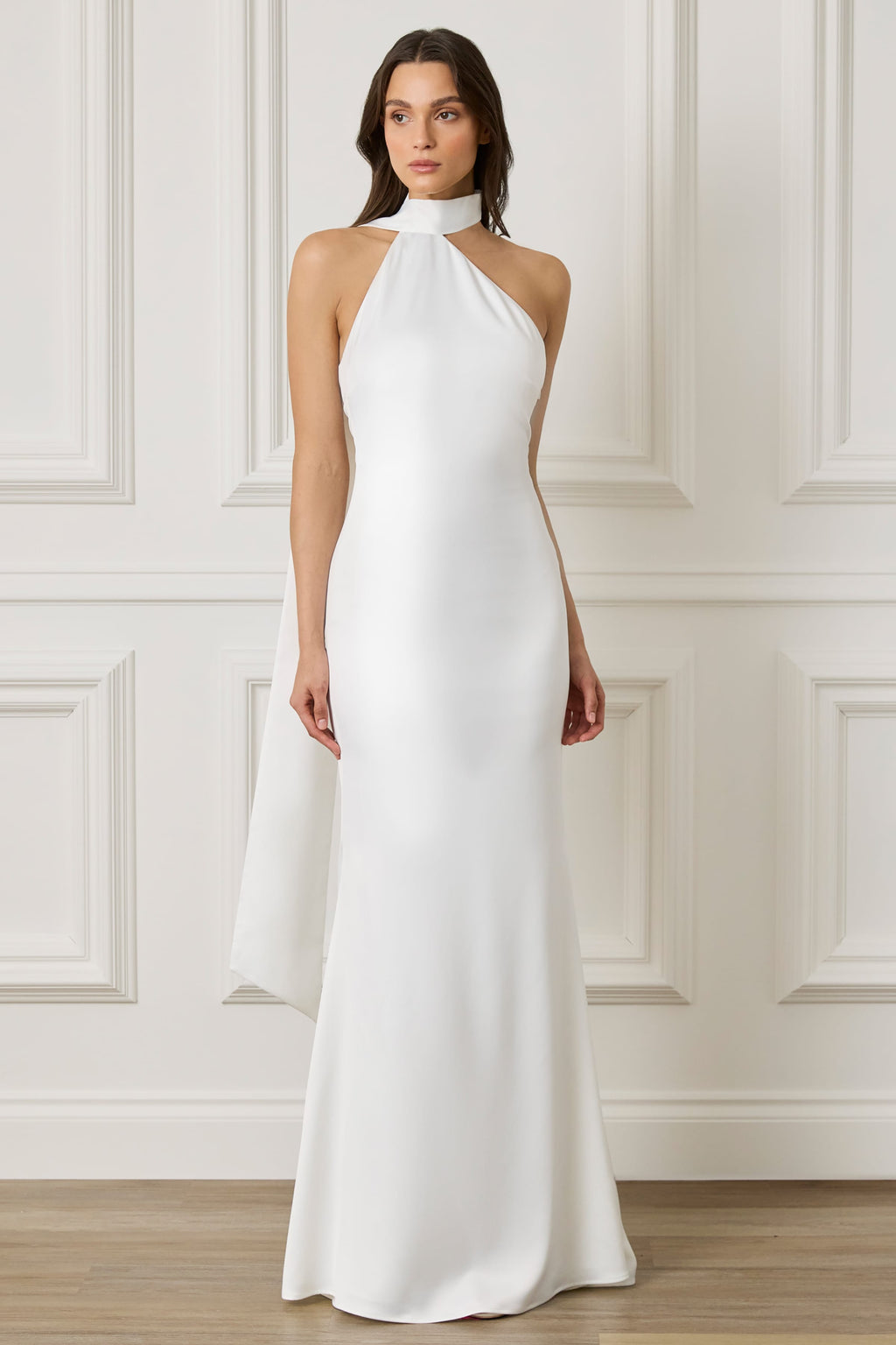 ALIANA Satin One Shoulder Maxi Dress With Scarf In Ivory