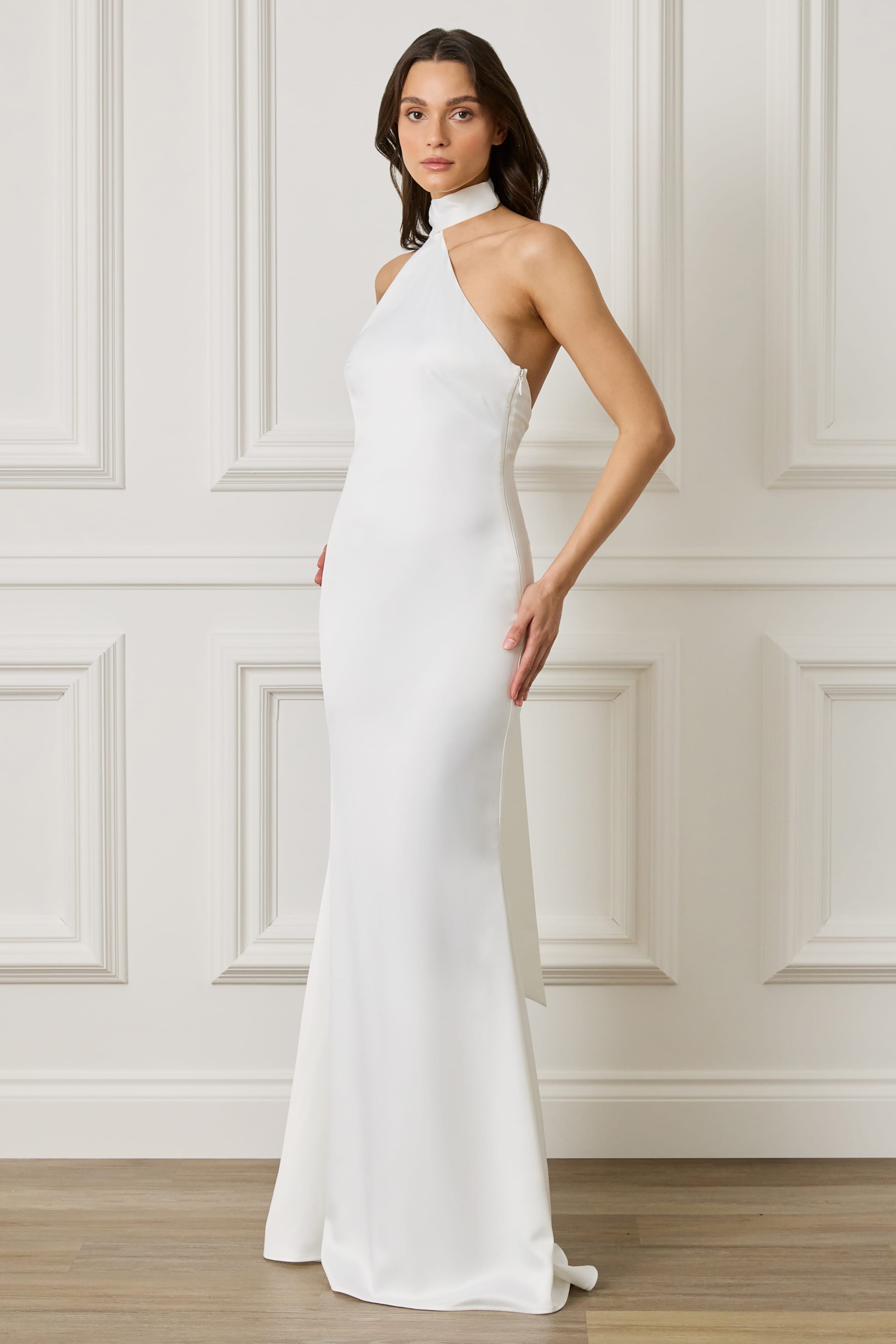 ALIANA Satin One Shoulder Maxi Dress With Scarf In Ivory