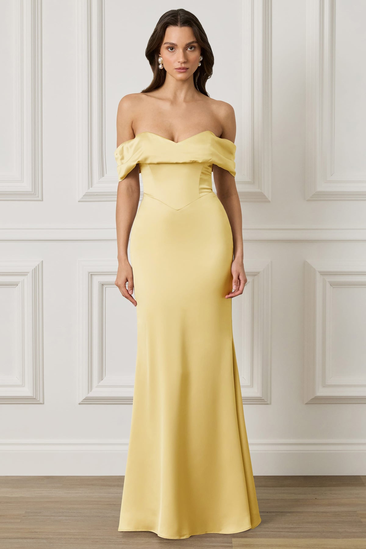 RAYNE Satin Drape Bardot Maxi Dress in Yellow