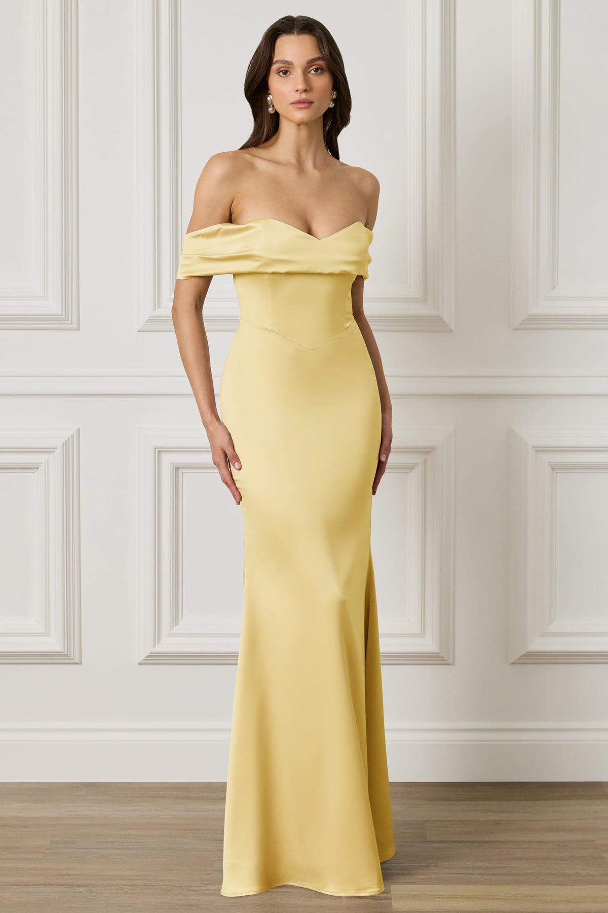 RAYNE Satin Drape Bardot Maxi Dress in Yellow