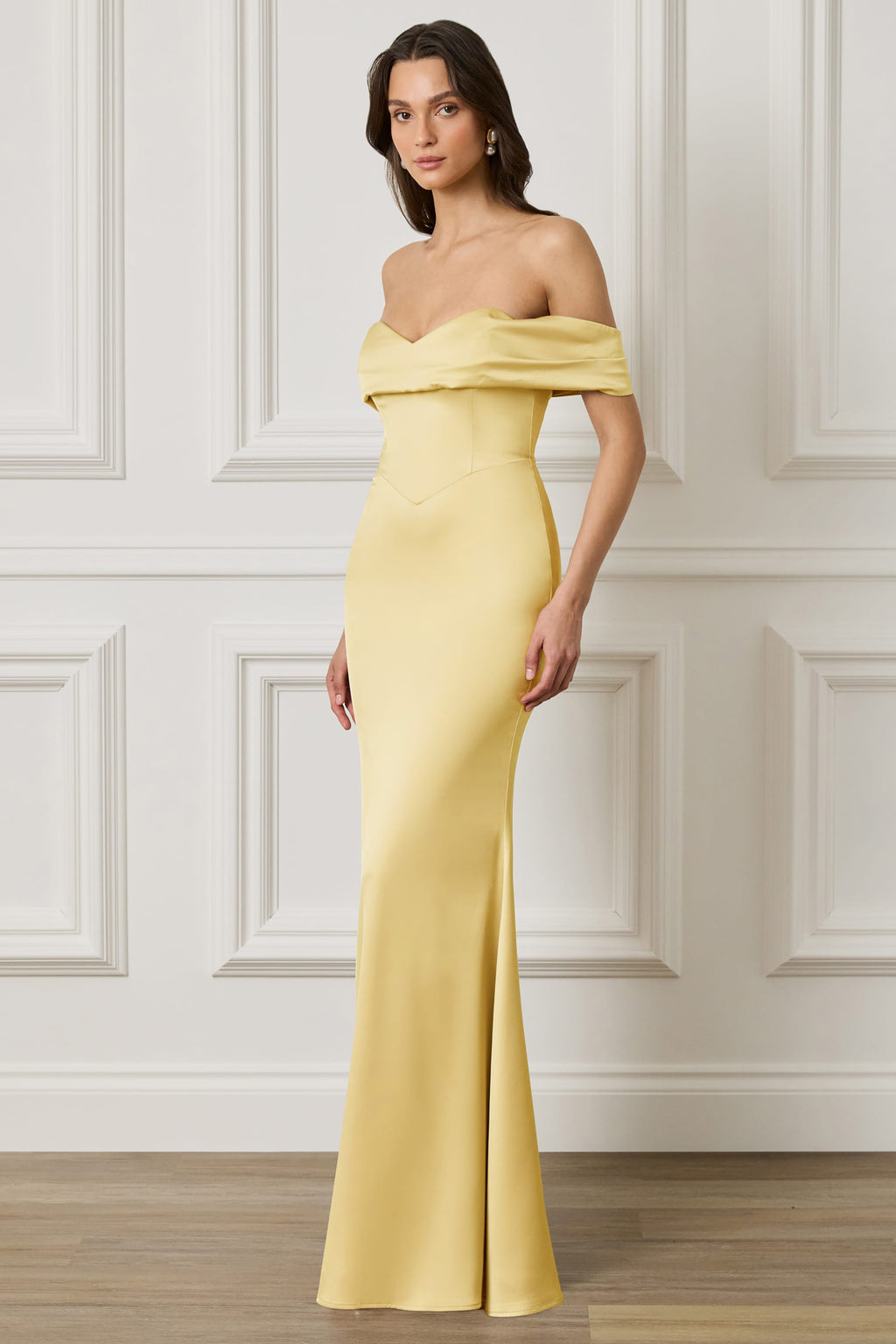 RAYNE Satin Drape Bardot Maxi Dress in Yellow