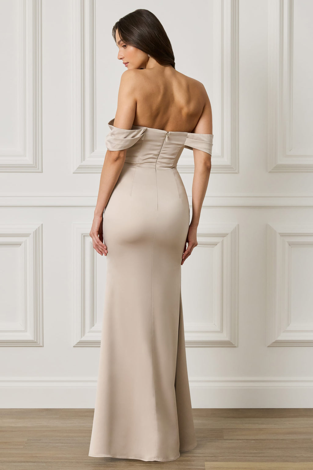 RAYNE Satin Drape Bardot Maxi Dress in Champagne