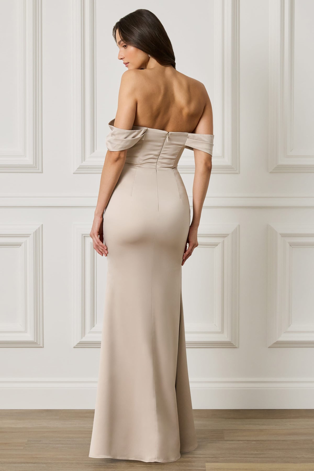 RAYNE Satin Drape Bardot Maxi Dress in Champagne