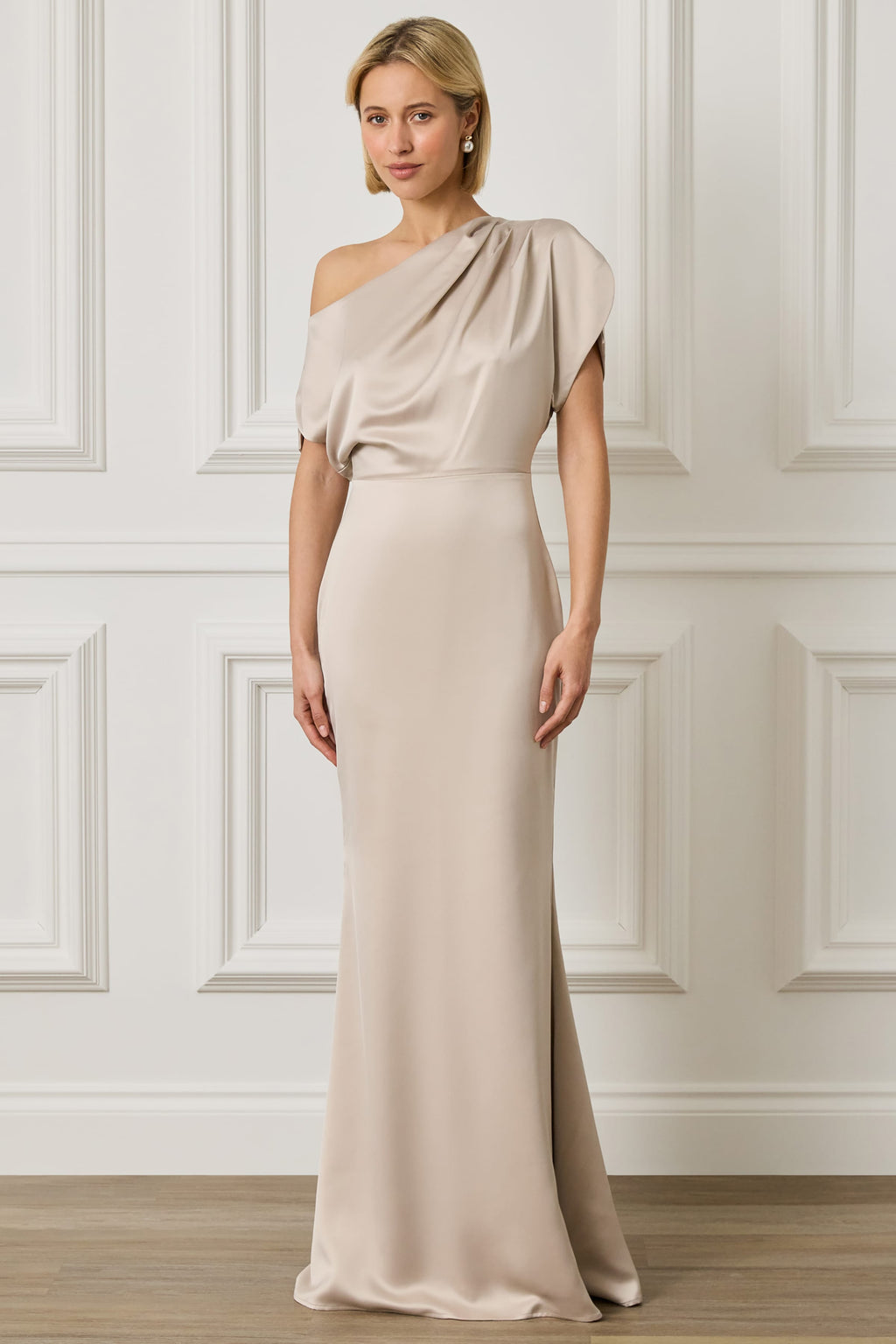 TRINITY Asymmetric Dropped Shoulder Split Sleeve Satin Maxi Dress in Champagne