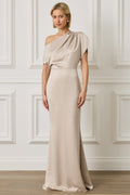 TRINITY Asymmetric Dropped Shoulder Split Sleeve Satin Maxi Dress in Champagne