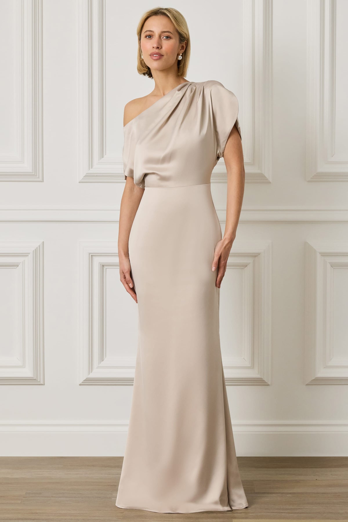 TRINITY Asymmetric Dropped Shoulder Split Sleeve Satin Maxi Dress in Champagne