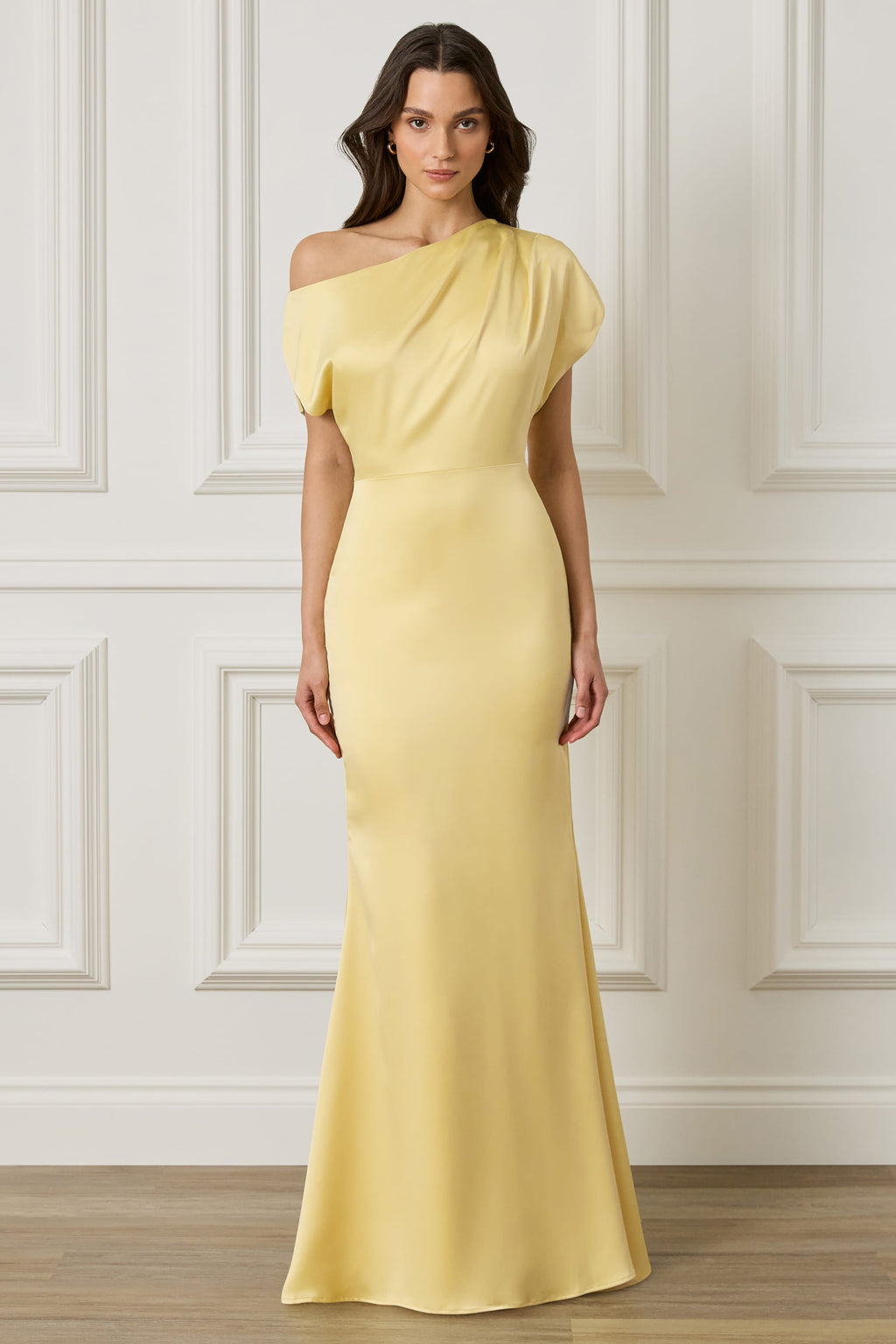 TRINITY Asymmetric Dropped Shoulder Split Sleeve Satin Maxi Dress in Yellow