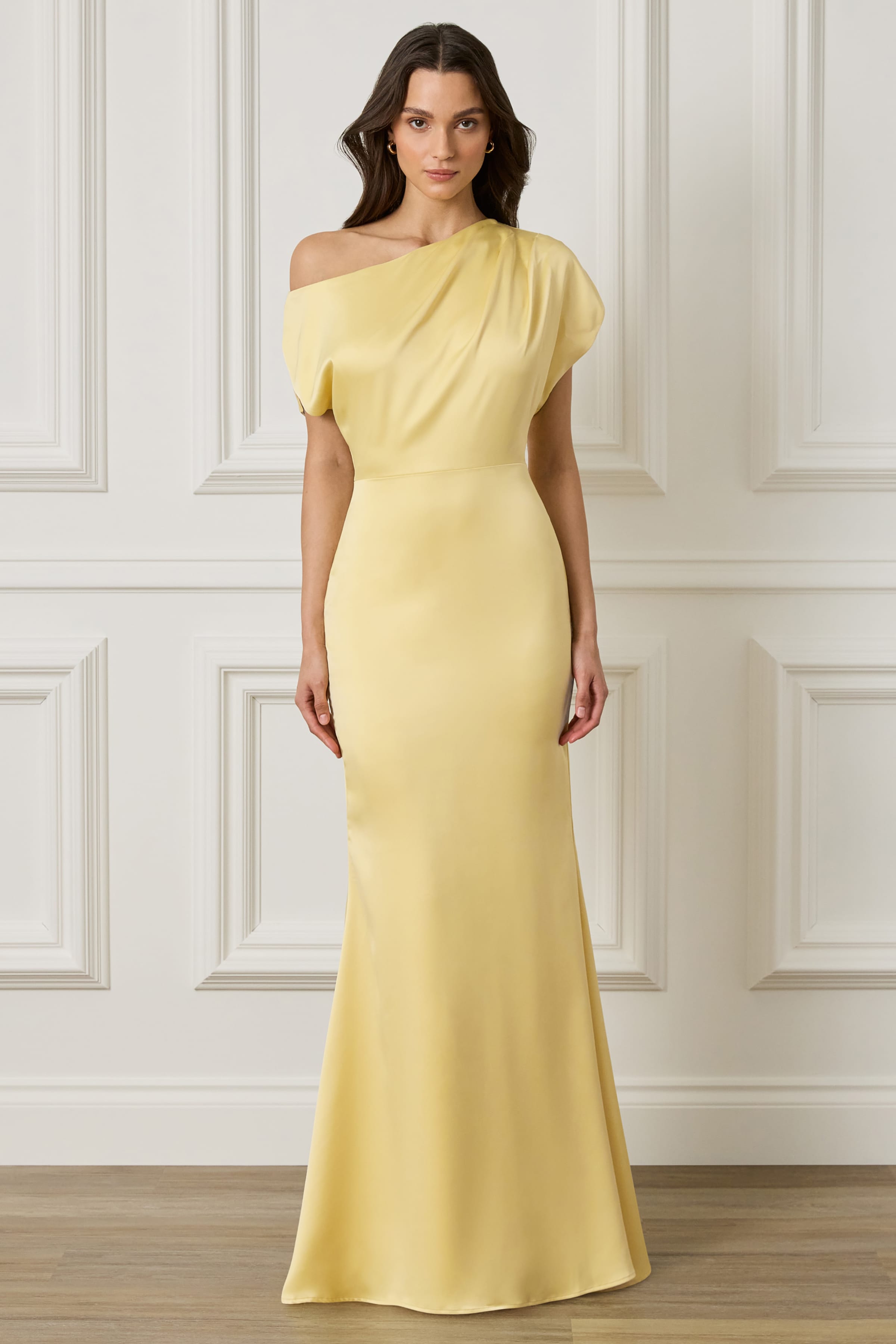TRINITY Asymmetric Dropped Shoulder Split Sleeve Satin Maxi Dress in Yellow