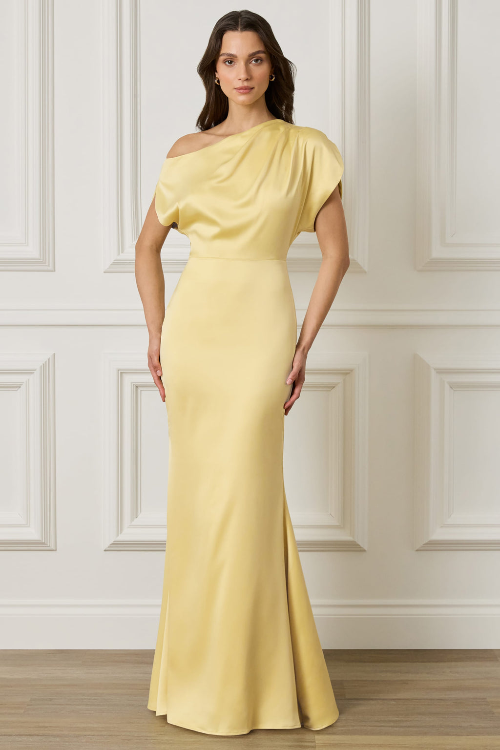 TRINITY Asymmetric Dropped Shoulder Split Sleeve Satin Maxi Dress in Yellow