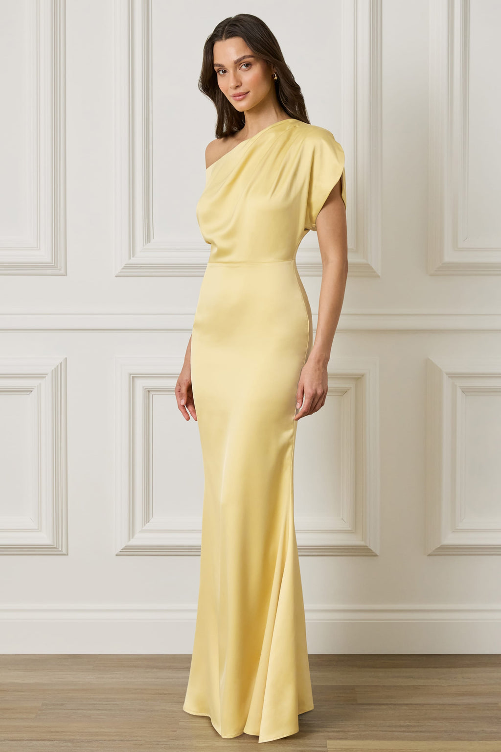 TRINITY Asymmetric Dropped Shoulder Split Sleeve Satin Maxi Dress in Yellow