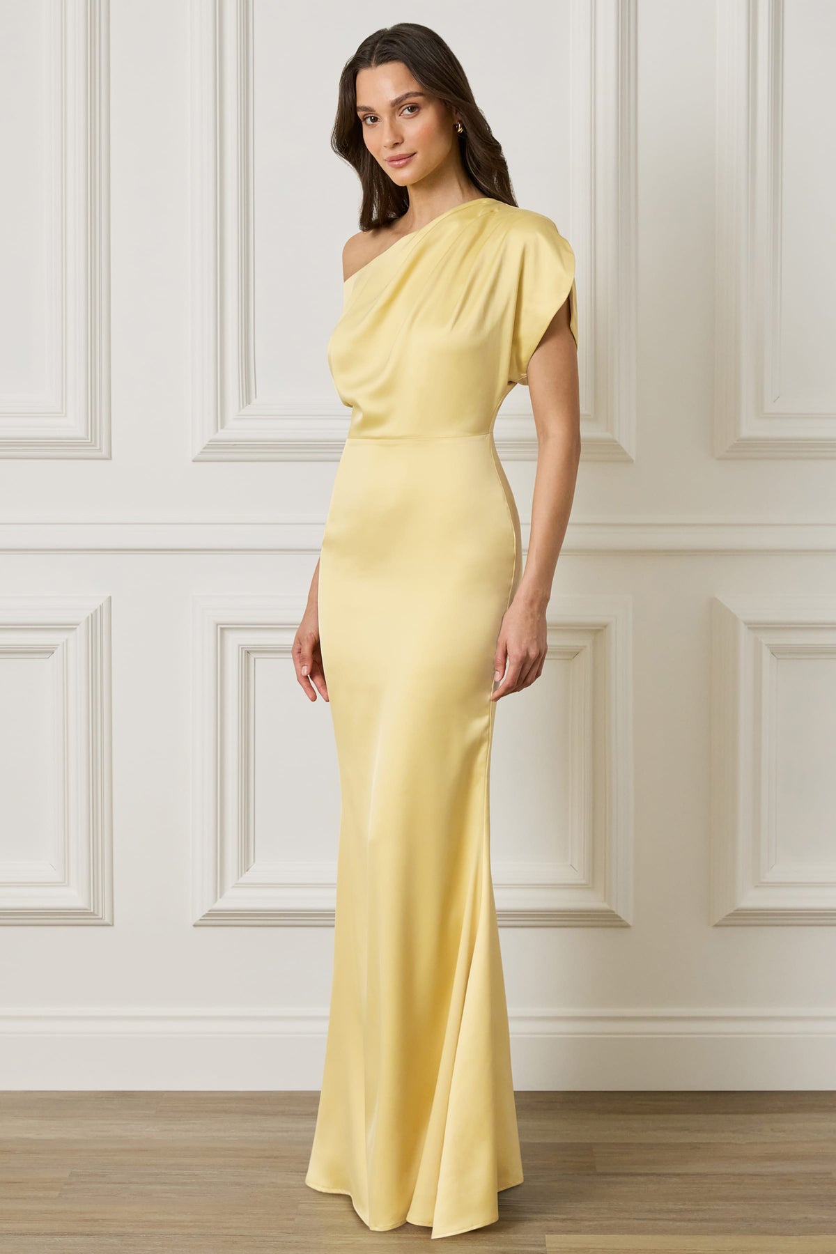 TRINITY Asymmetric Dropped Shoulder Split Sleeve Satin Maxi Dress in Yellow