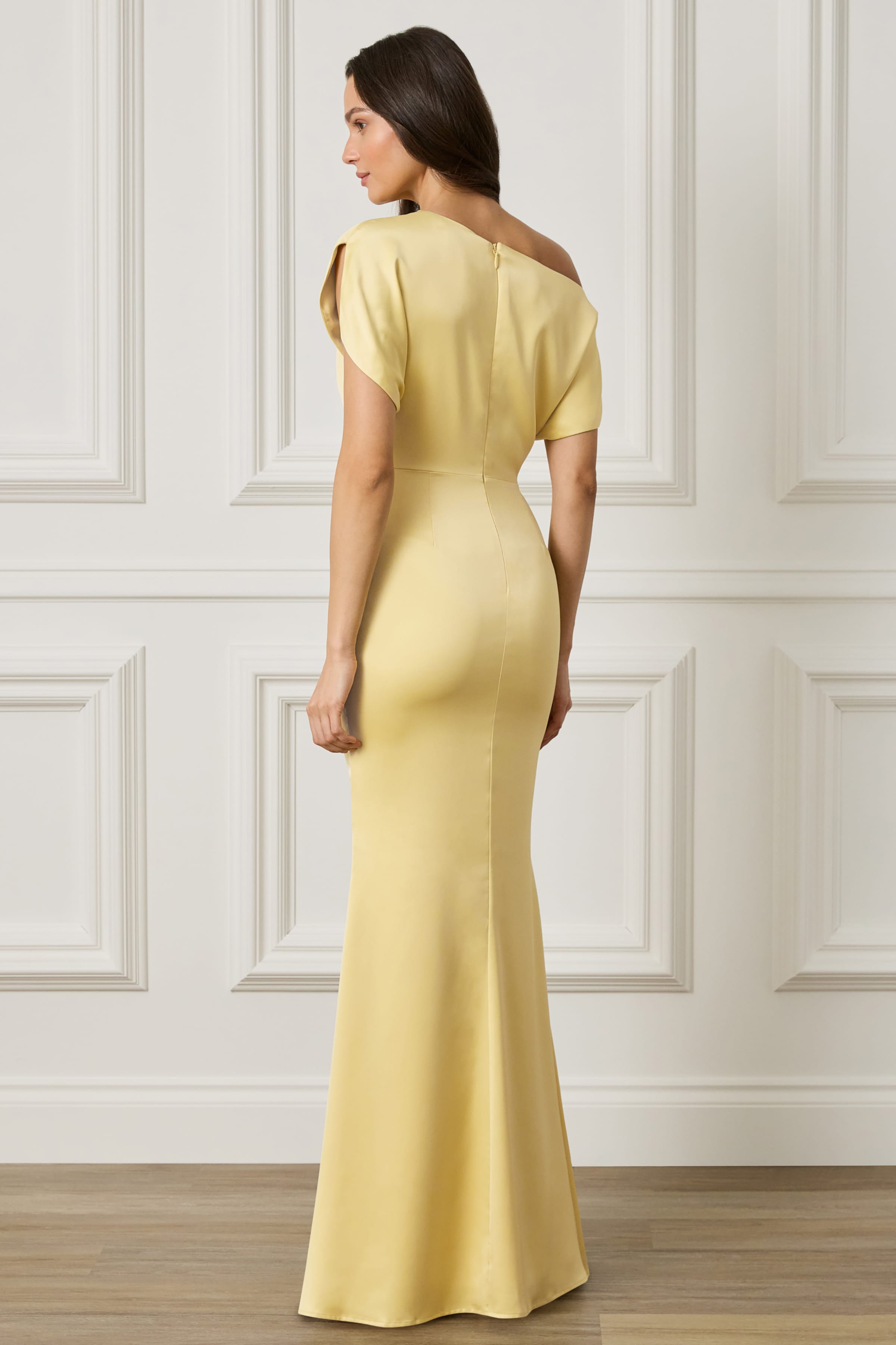 TRINITY Asymmetric Dropped Shoulder Split Sleeve Satin Maxi Dress in Yellow