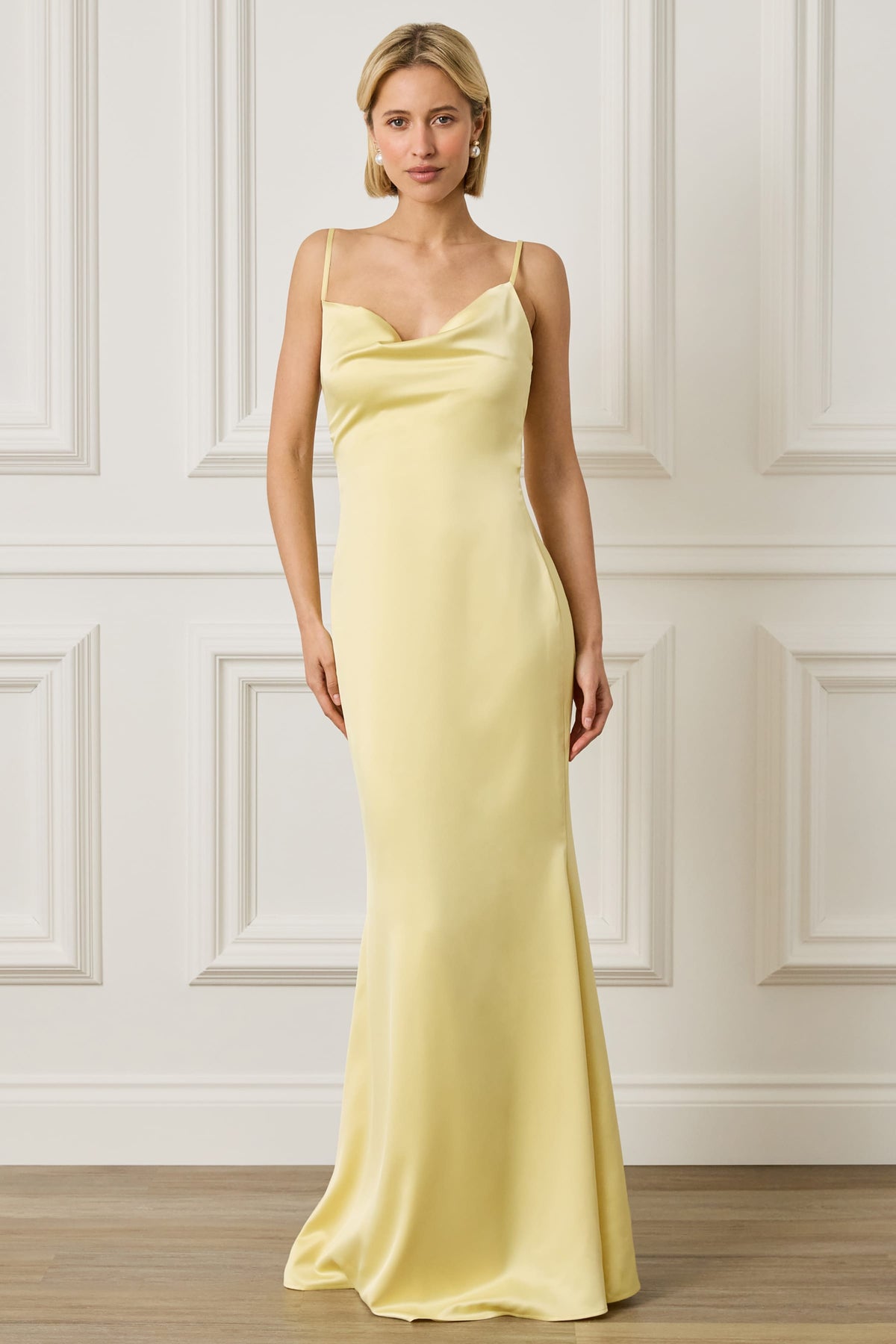 PENNY Satin Cowl Neck Scoop Back Maxi Dress in Yellow