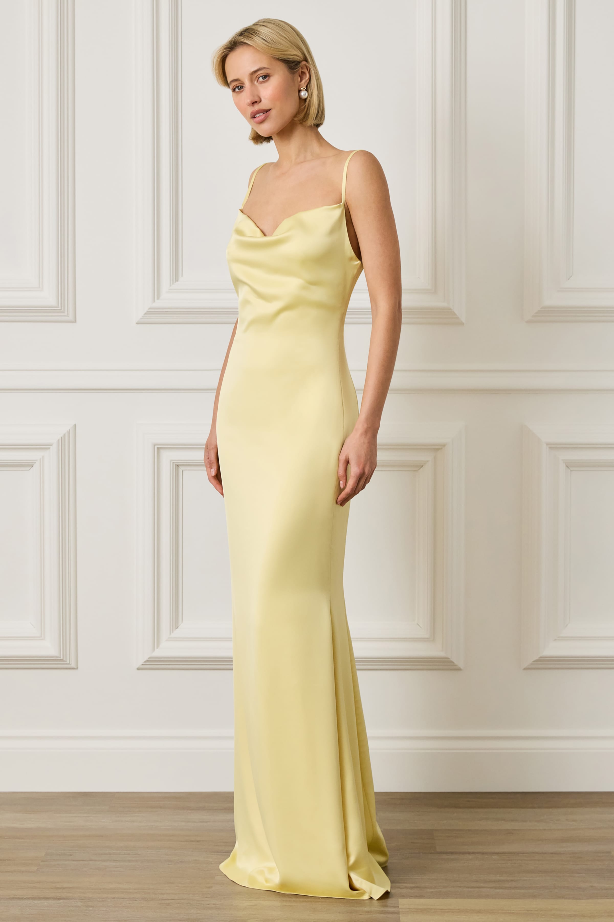 PENNY Satin Cowl Neck Scoop Back Maxi Dress in Yellow