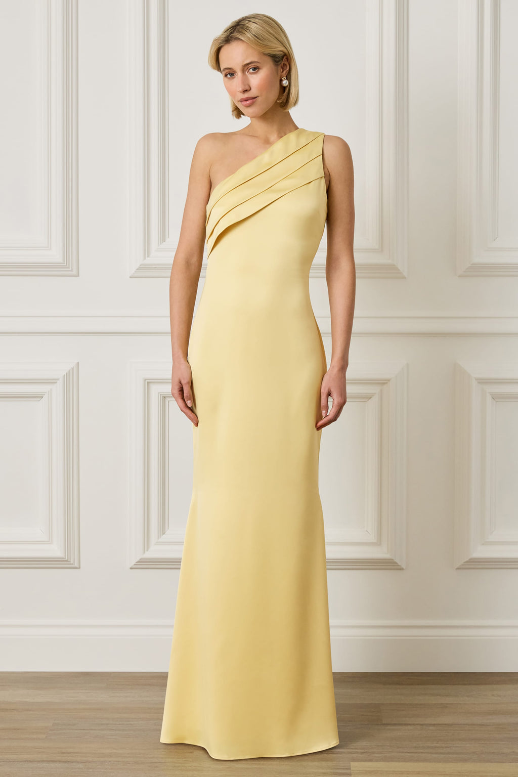 SADIE Asymmetric Pleated Satin Maxi Dress in Yellow
