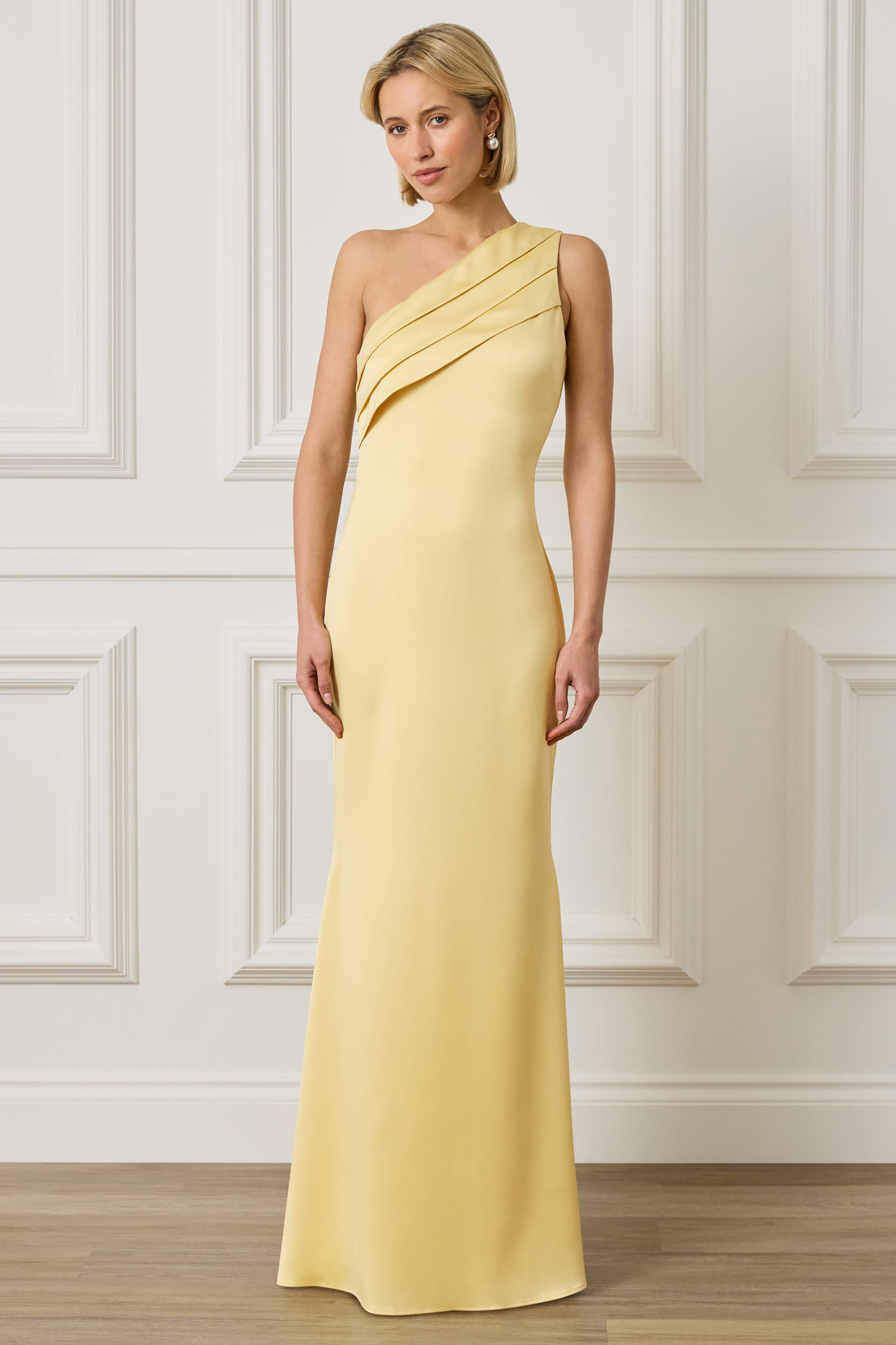 SADIE Asymmetric Pleated Satin Maxi Dress in Yellow