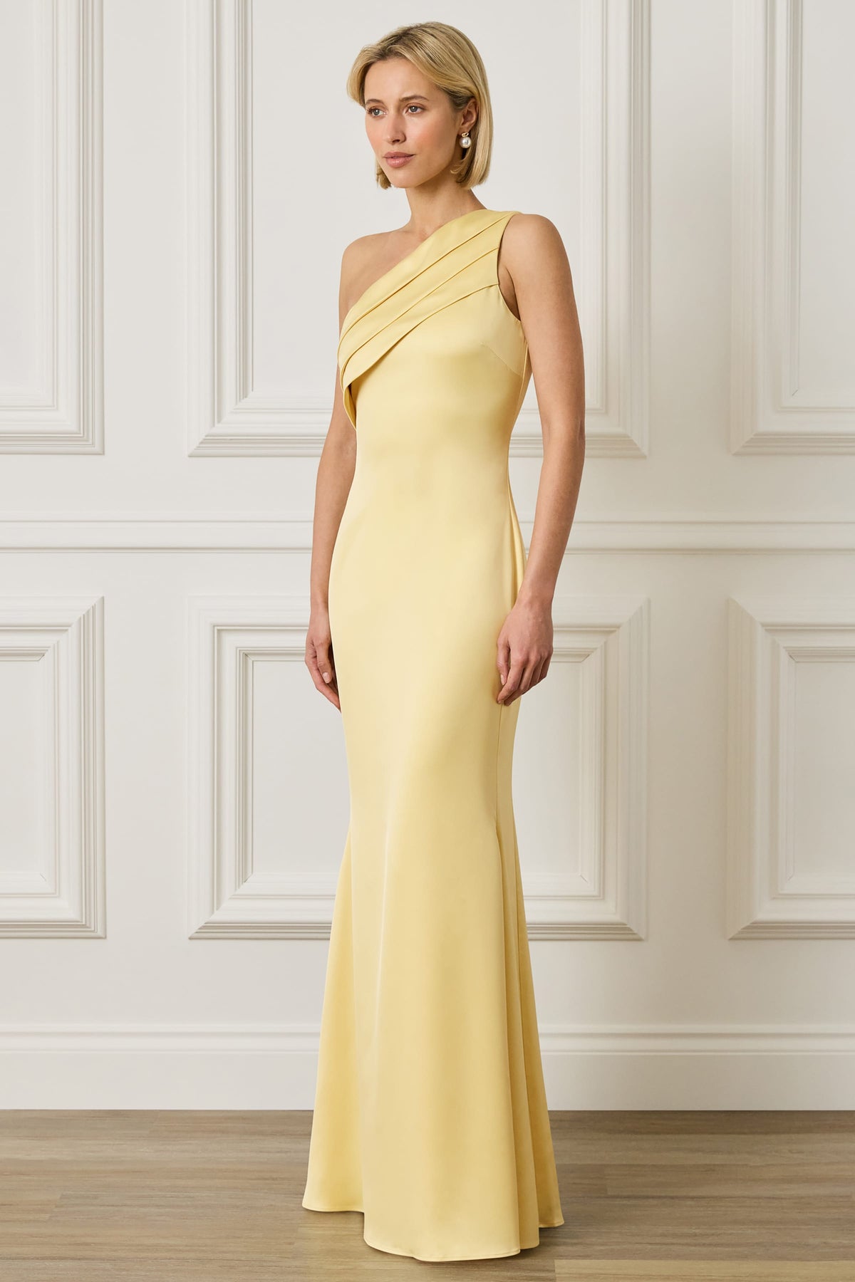SADIE Asymmetric Pleated Satin Maxi Dress in Yellow