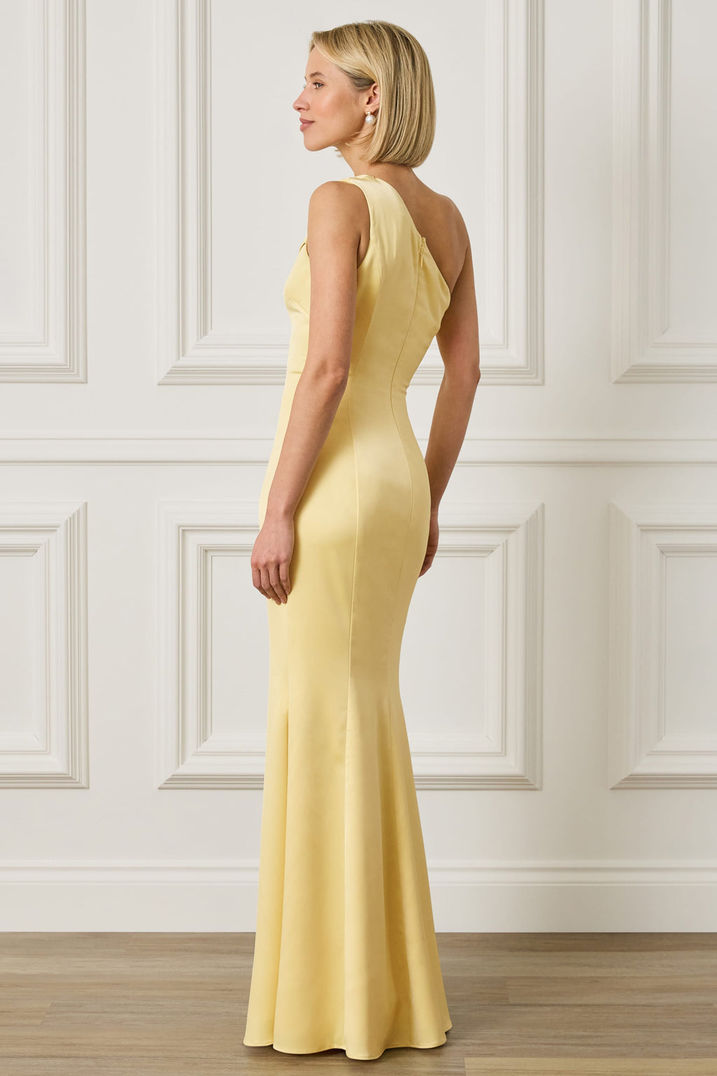 SADIE Asymmetric Pleated Satin Maxi Dress in Yellow