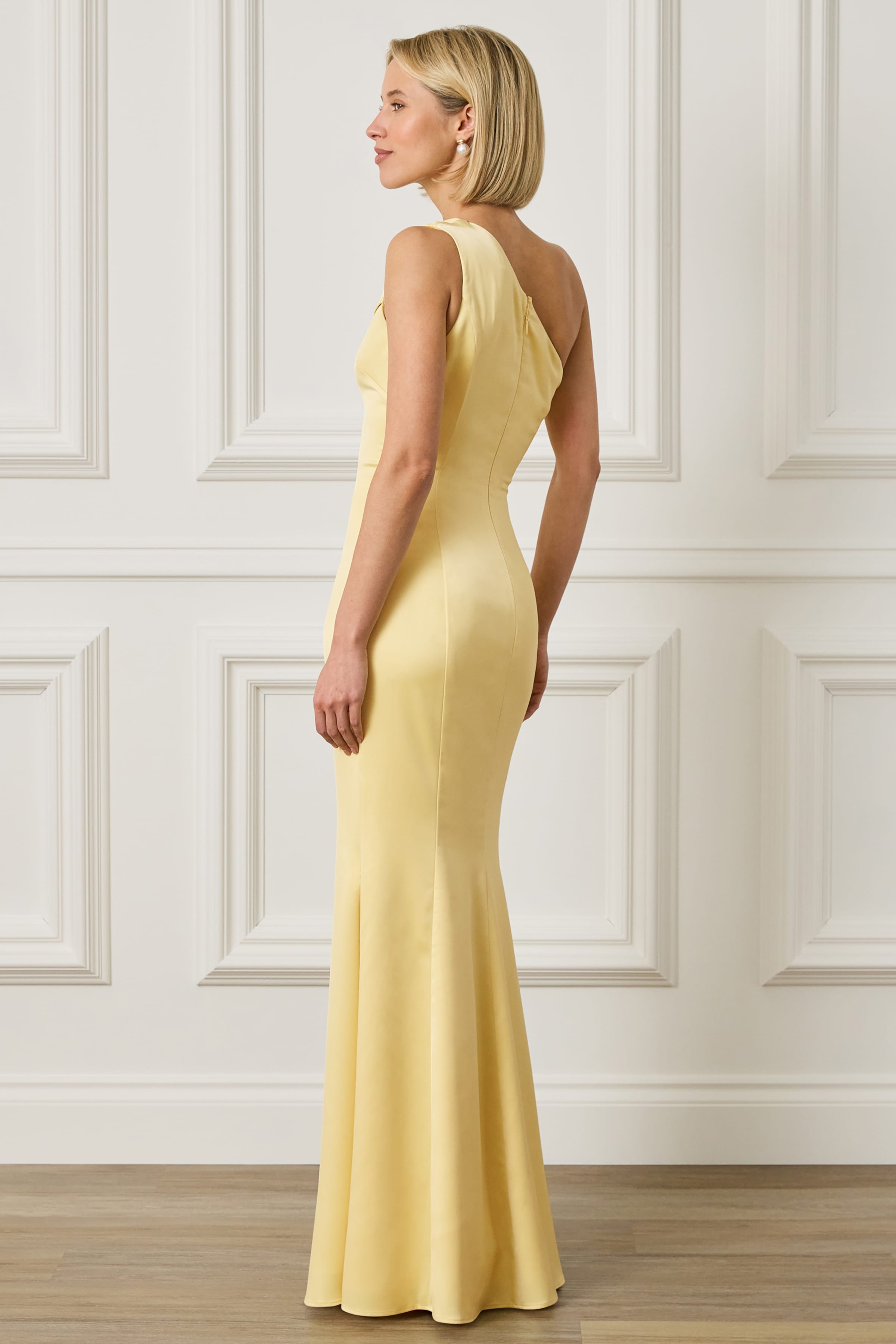 SADIE Asymmetric Pleated Satin Maxi Dress in Yellow