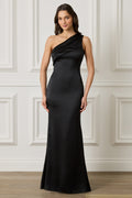 SADIE Asymmetric Pleated Satin Maxi Dress in Black
