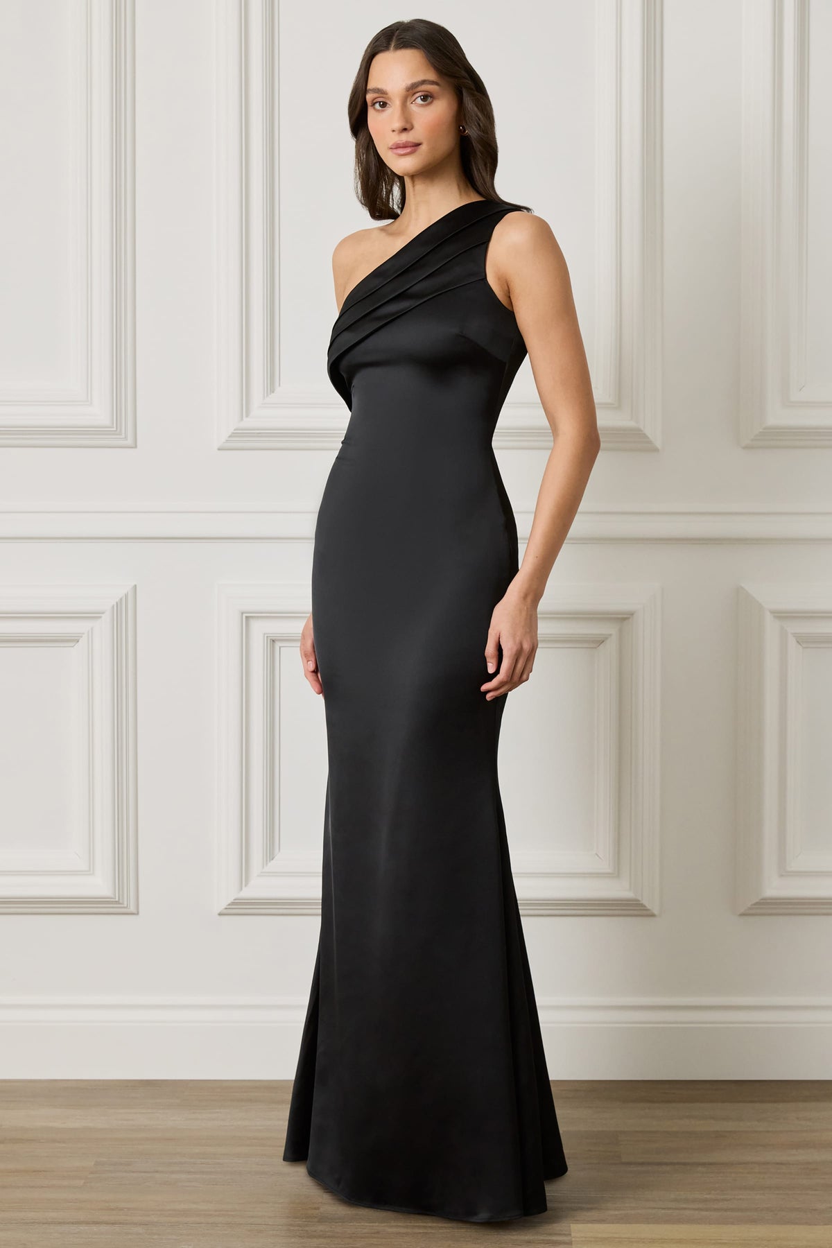 SADIE Asymmetric Pleated Satin Maxi Dress in Black