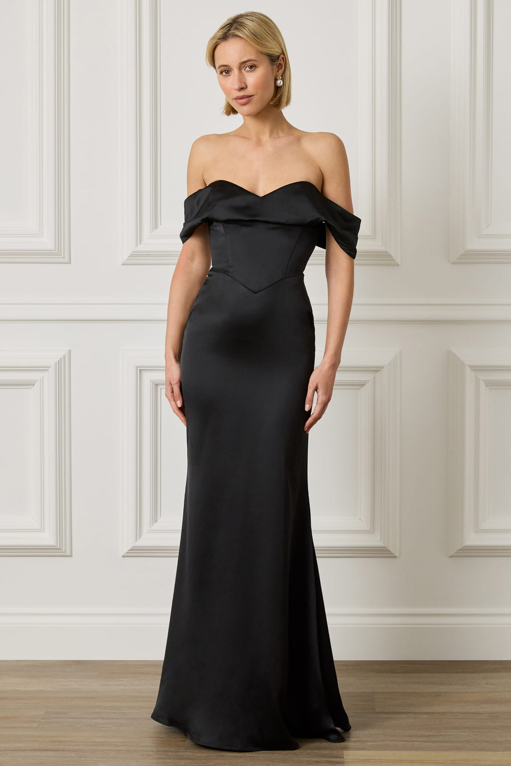RAYNE Satin Drape Bardot Maxi Dress in Black
